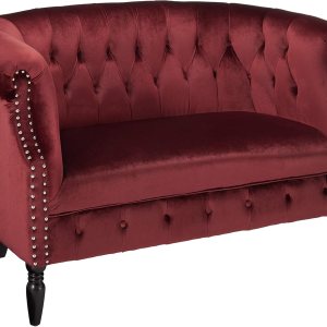 Great Deal Furniture Melaina – Sofá de dos plazas de terciopelo Chesterfield con brazos enrollados, granate y marrón oscuro Great Deal Furniture Melaina – Sofá de dos plazas de terciopelo Chesterfield con brazos enrollados, granate y marrón oscuro