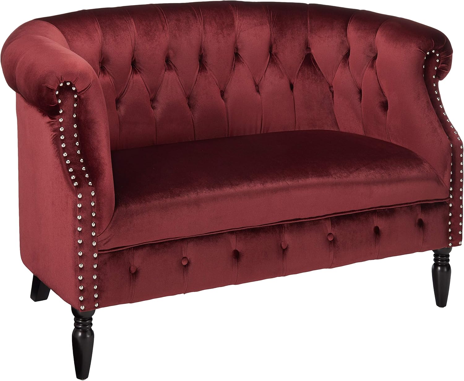 Great Deal Furniture Melaina – Sofá de dos plazas de terciopelo Chesterfield con brazos enrollados, granate y marrón oscuro