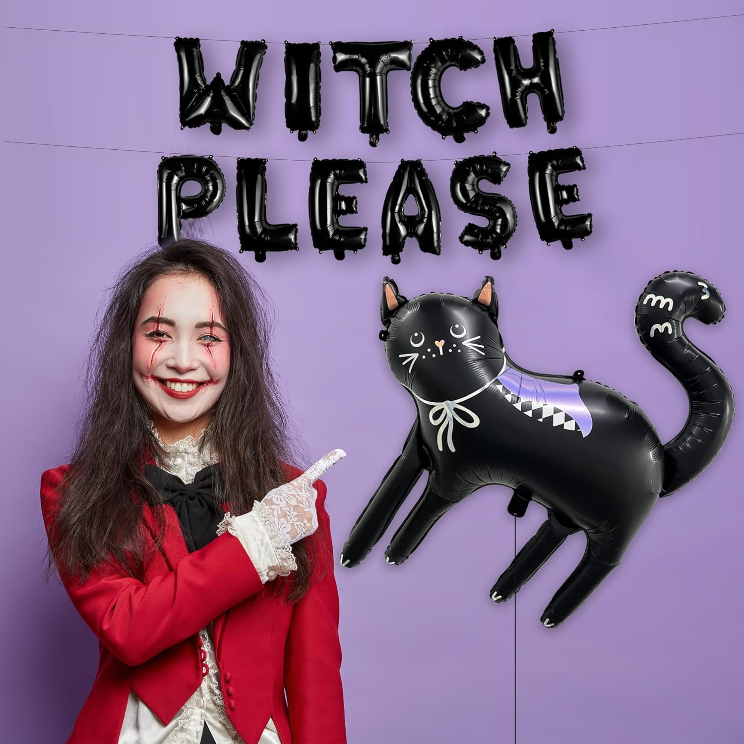 HOUSE OF PARTY Kit de fiesta de globos de Halloween de gato negro extragrande de 29.5 x 32 pulgadas, 2 juegos de globos de letras “Witch Please” +