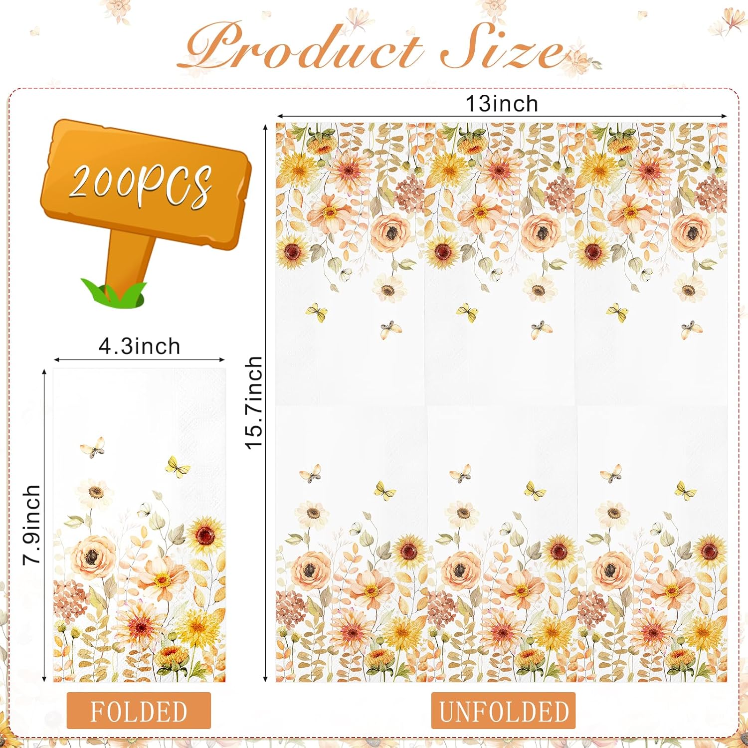 200 servilletas decorativas de otoño con diseño de agradecimiento para invitados, desechables, para otoño, floral, mariposas, de papel, para el