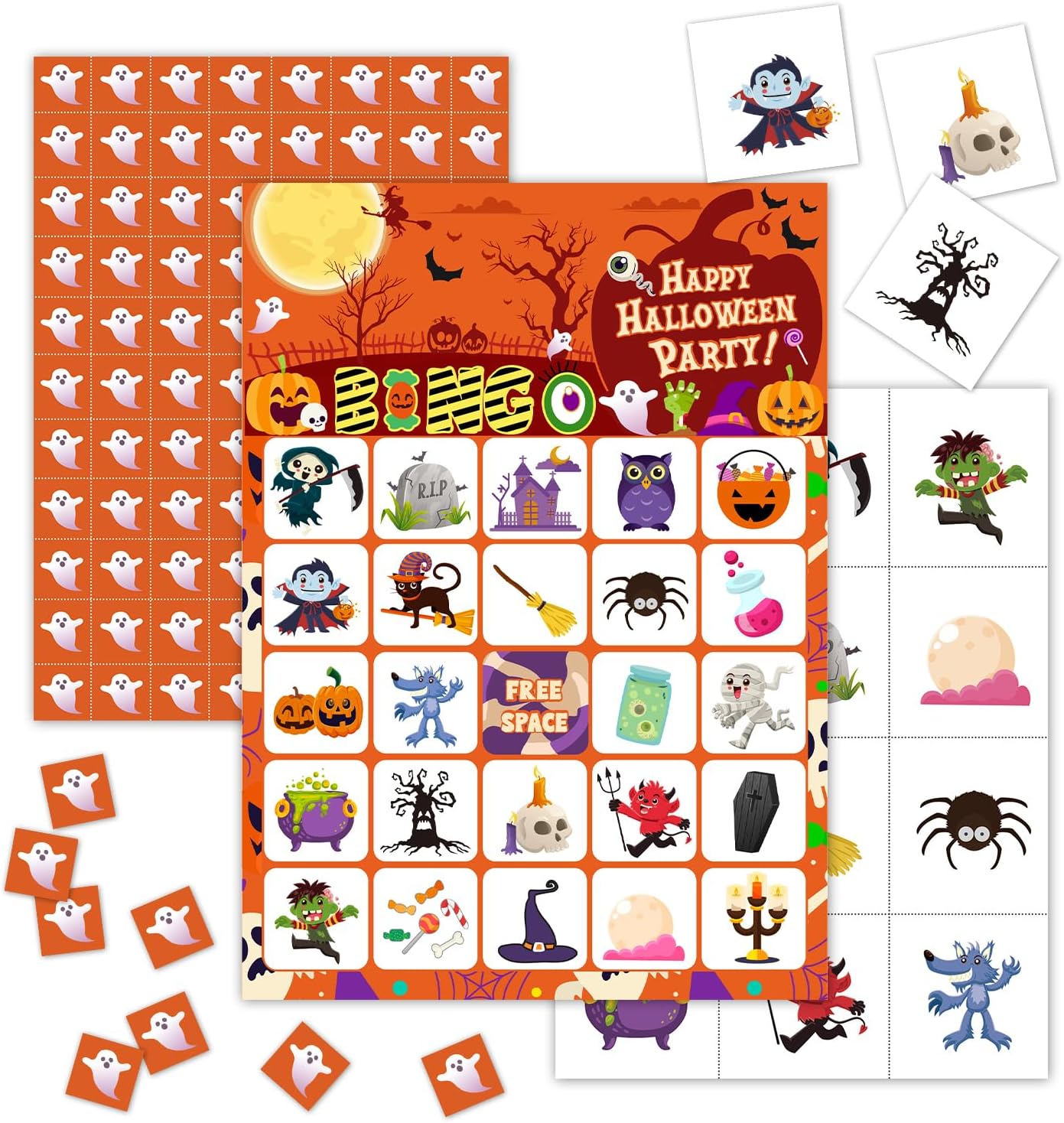 Tarjetas de juegos de fiesta de bingo de Halloween con 24 jugadores, juegos de fiesta de Halloween para niños, escuela, aula, suministros para
