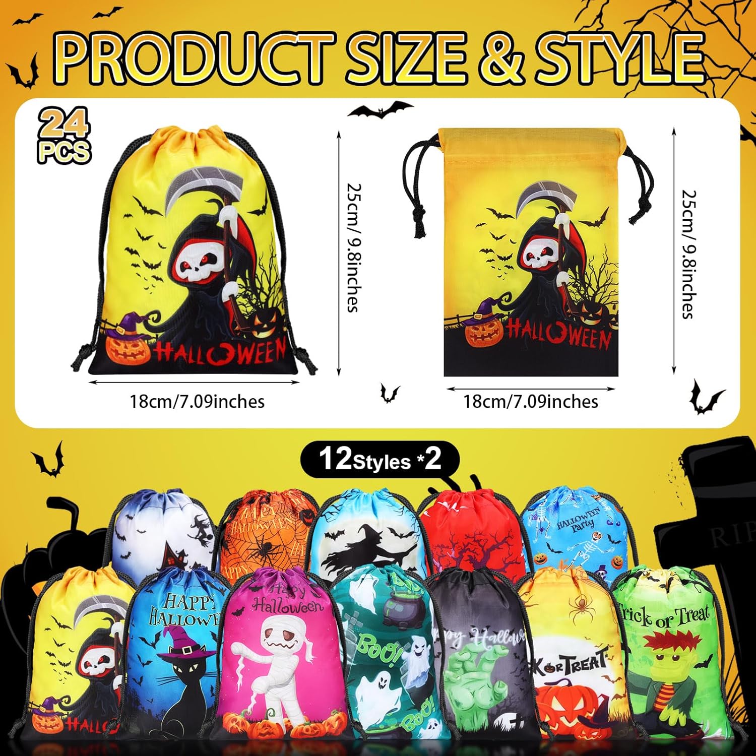 Honoson Bolsas de recuerdo de fiesta de Halloween, 24 bolsas de regalo con cordón, bolsas de poliéster de araña, bolsas temáticas de Halloween para