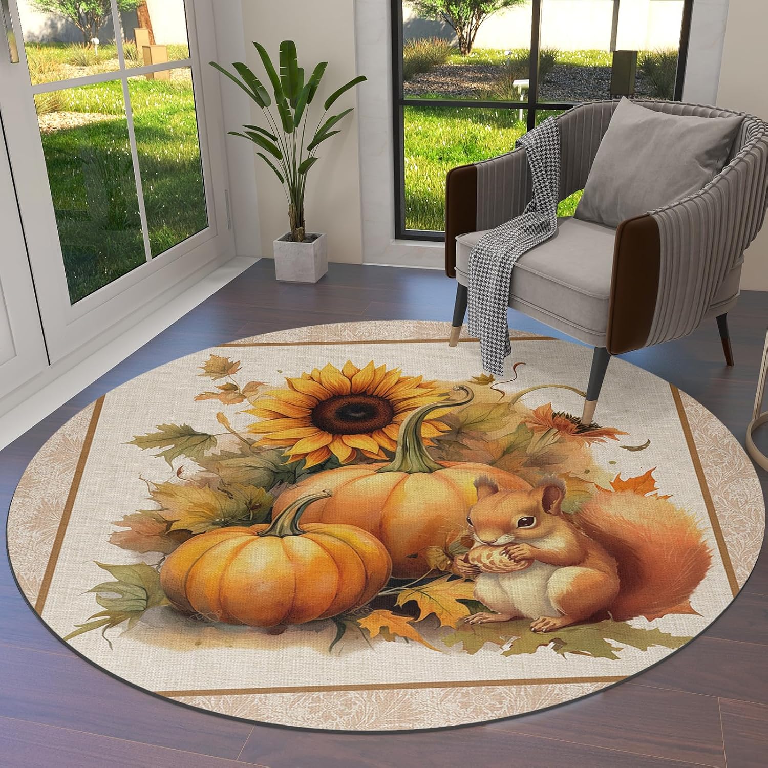 Alfombra redonda vintage de Acción de Gracias de 4 pies, lavable para interiores y exteriores, para dormitorio, cocina, sala de estar, oficina, área