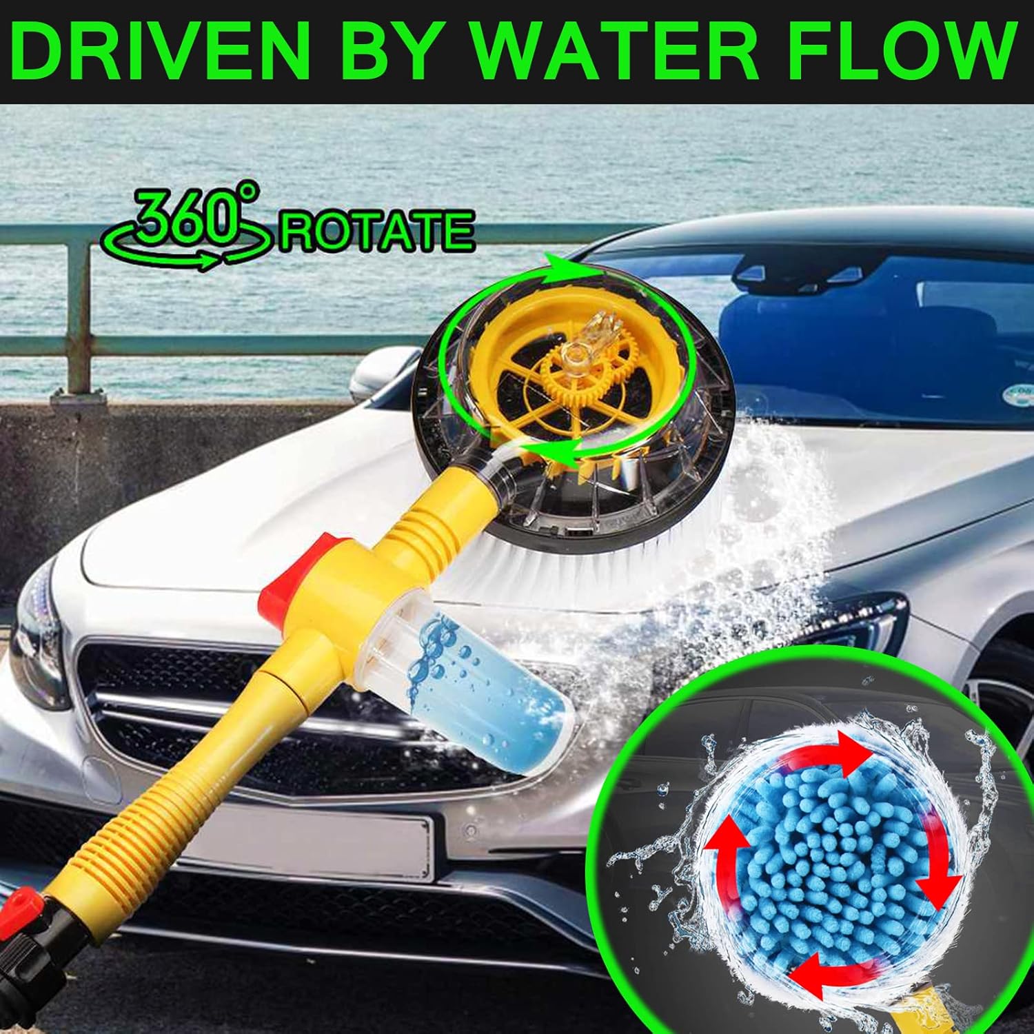 Cepillo giratorio para lavado de coche, microfibra suave, rotación automática con dispensador de jabón, cepillo de lavado exterior de coche unido a
