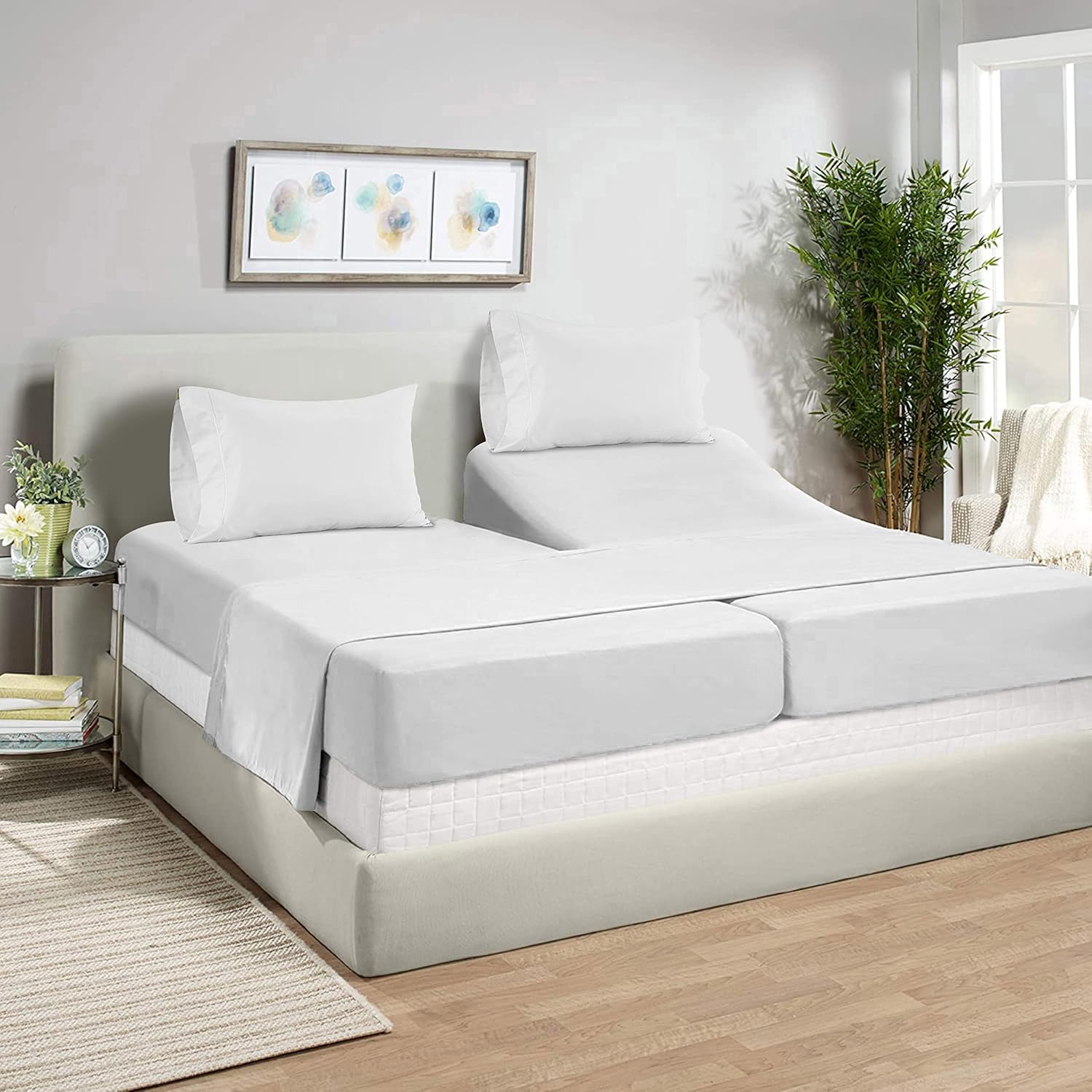 LANE LINEN – Sábanas tamaño Split King para cama ajustable, 450 hilos, 100% algodón, 2 sábanas bajeras individuales XL, con bolsillo profundo,