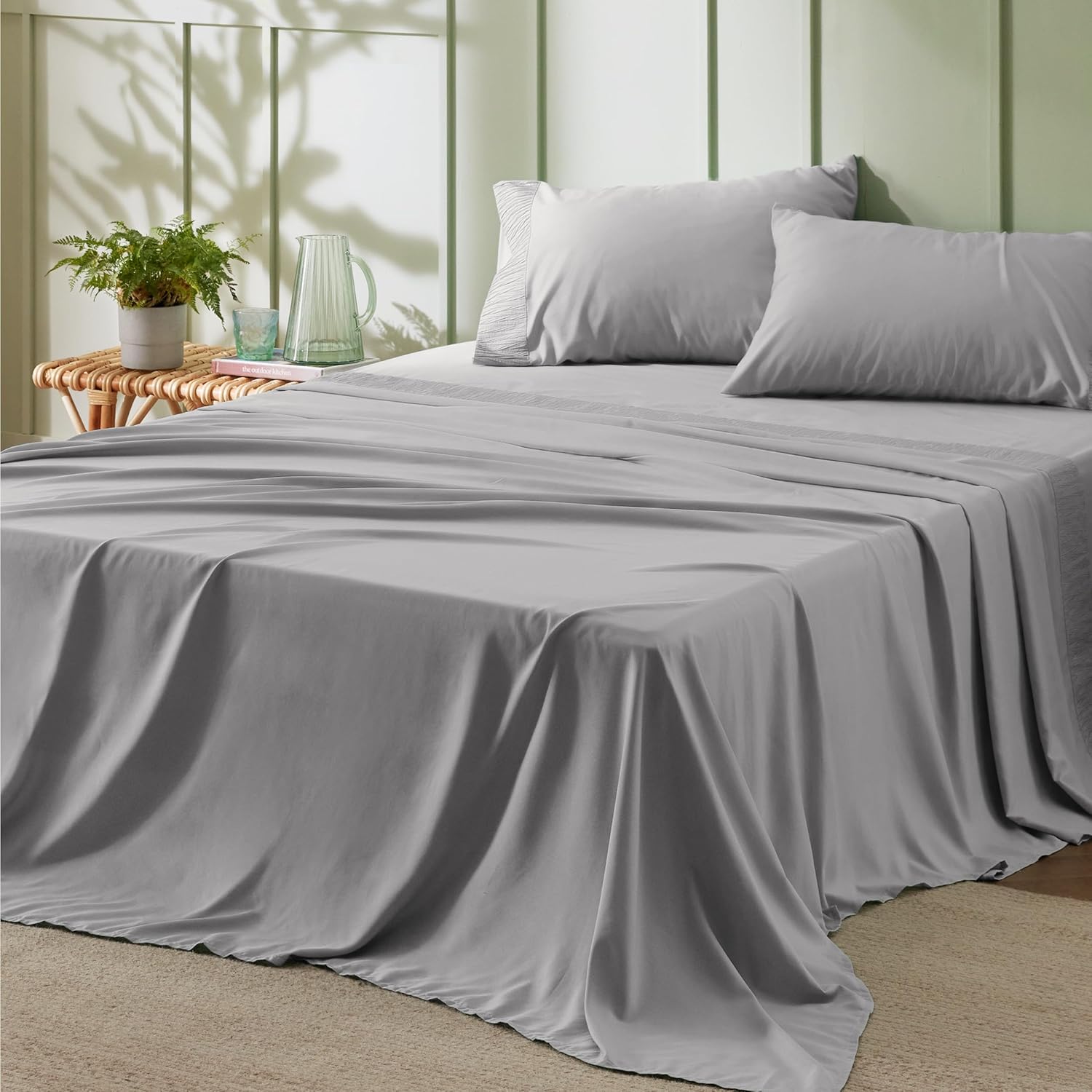 Bedsure Sábanas de tamaño King  Sábanas suaves para cama de tamaño King, 4 piezas de hotel de lujo gris King, juego de sábanas de microfibra