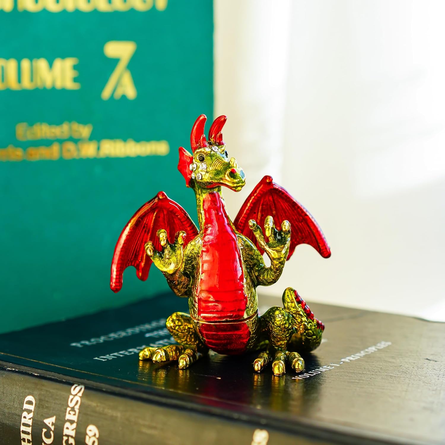 YU FENG Lindas cajas de baratijas de pterosaurio rojo con bisagras de cristal con joyas de dinosaurio figuras de animales de joyería expositor