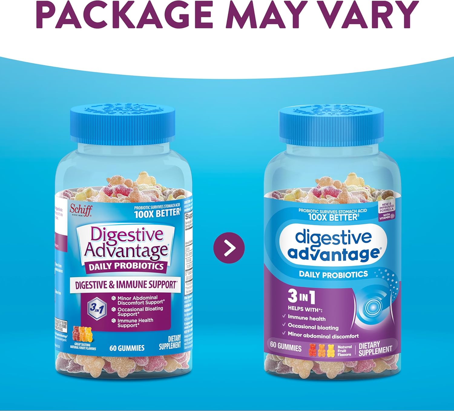 Digestive Advantage Gomitas probióticas previenen gases ocasionales, hinchazón y diarrea para la salud digestiva e inmunológica, 60 unidades