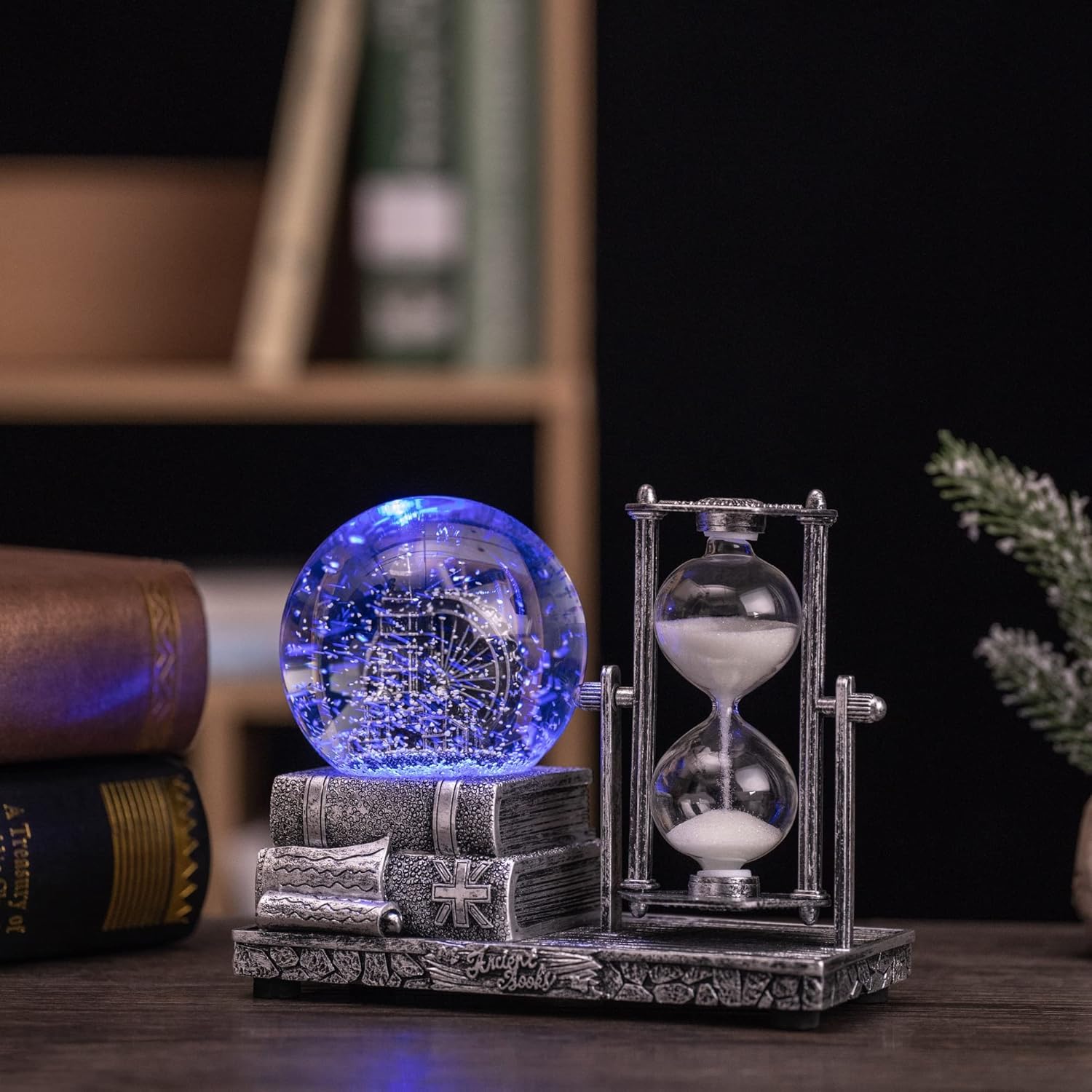 Globo de nieve con música de cristal antiguo con reloj de arena, reloj de arena, reloj de arena, globo de música LED, coleccionables, decoración del