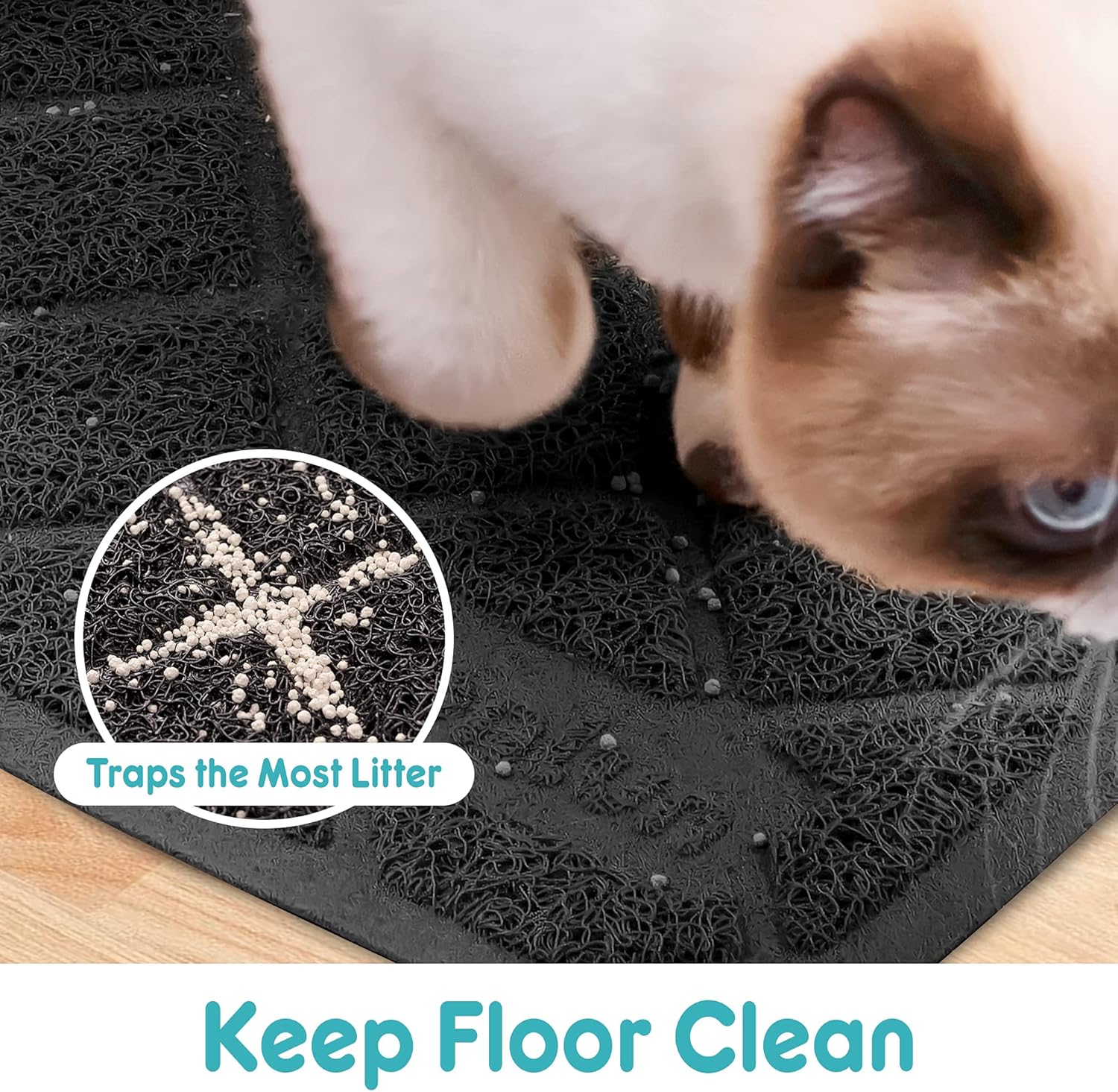 Tapete de arena para gatos, color negro, malla de PVC duradera de alta calidad con control de dispersión, antideslizante, menos residuos, suave para