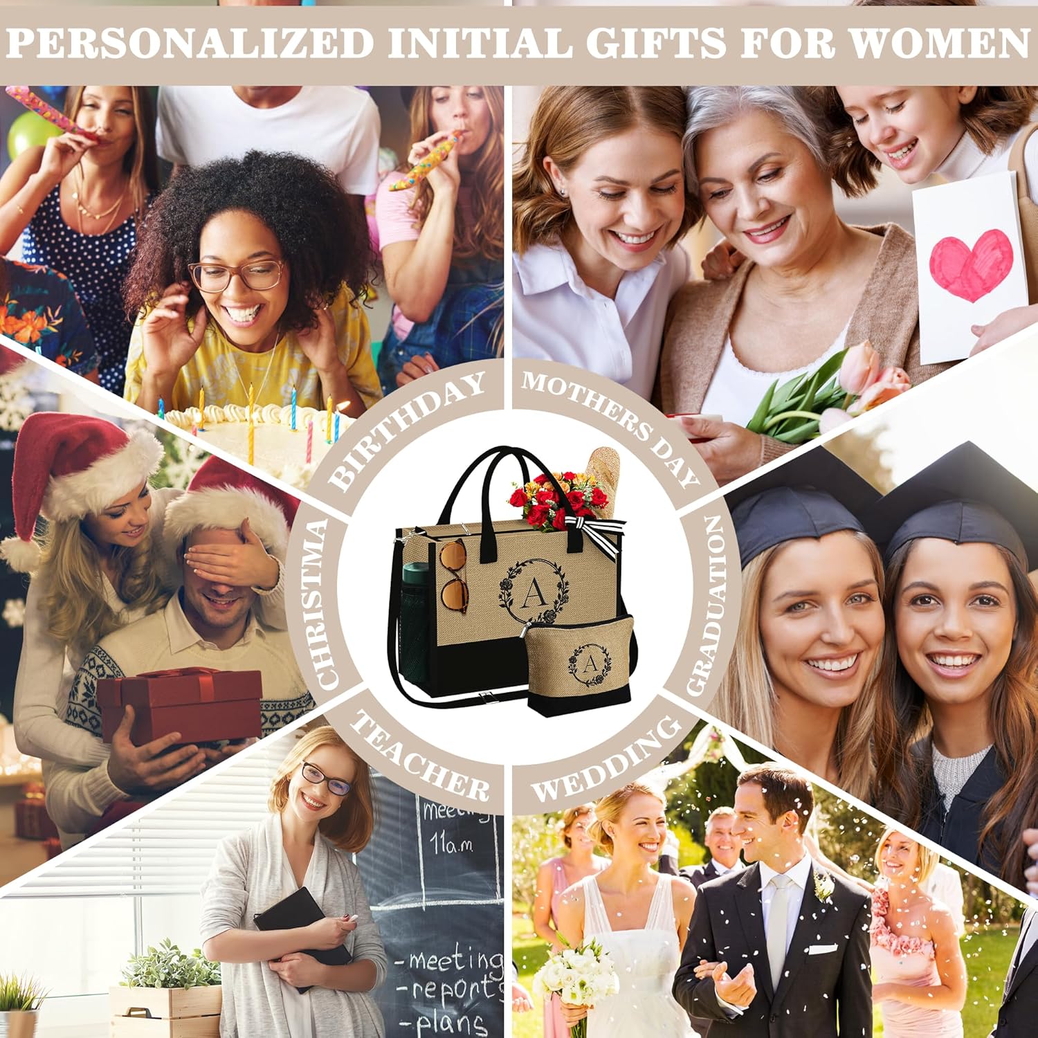 Bolsa de yute con inicial, bolsa de maquillaje con cremallera y correa ajustable, regalos personalizados para mujeres y cumpleaños