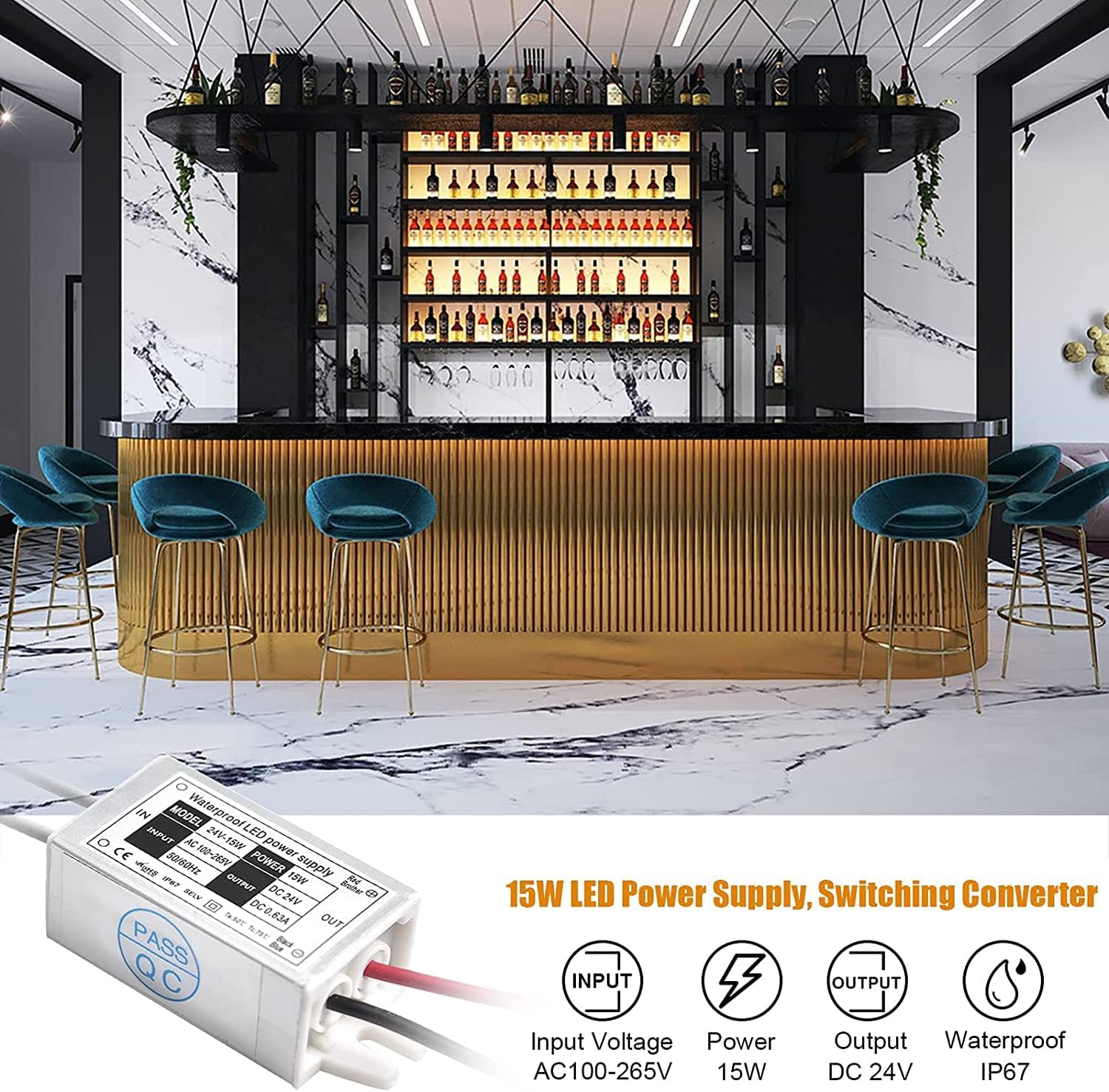 Klarlight – Fuente de alimentación de 24 V, controlador LED de 15 vatios, impermeable Klarlight IP67 DC 24V transformador LED de 110 V CA a 24 V CC,