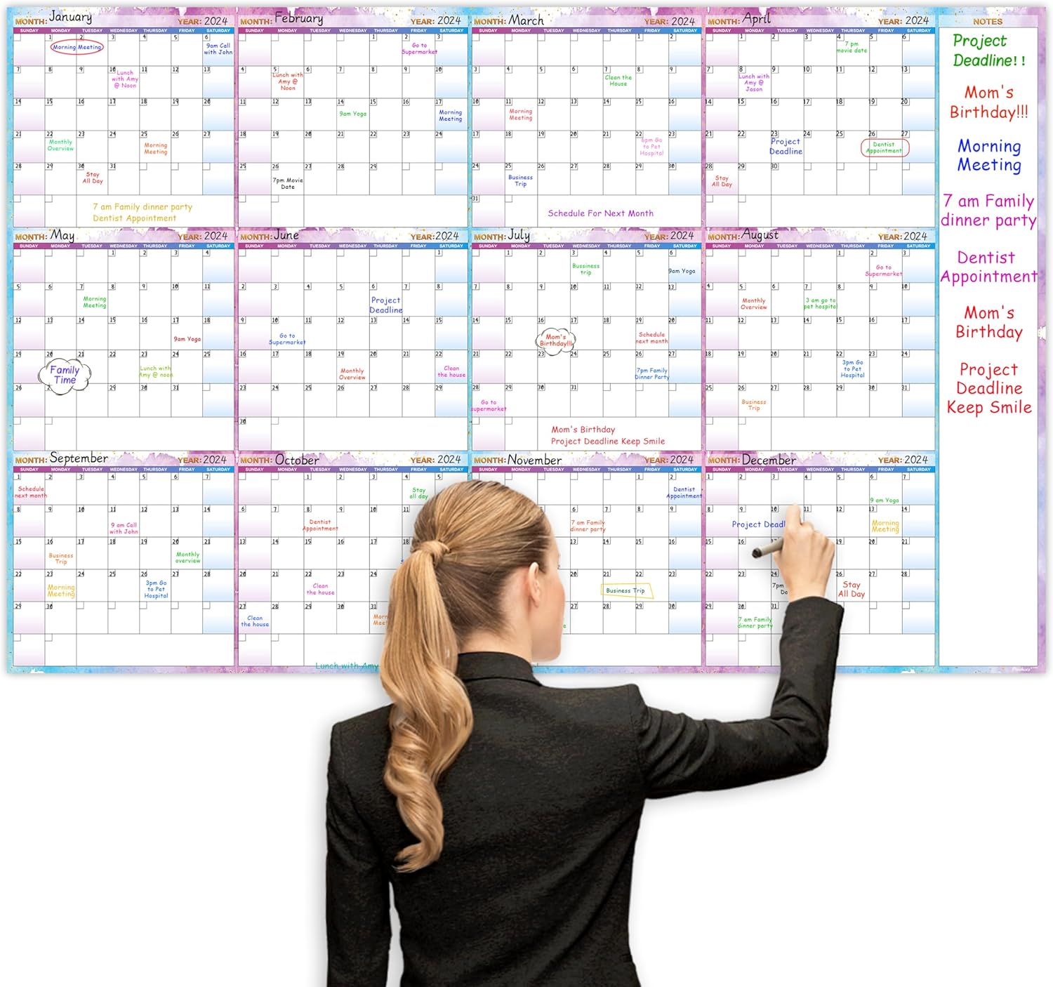 Calendario grande de borrado en seco para pared, calendario anual de pared de borrado en seco, 58 x 37 pulgadas, planificador de calendario en
