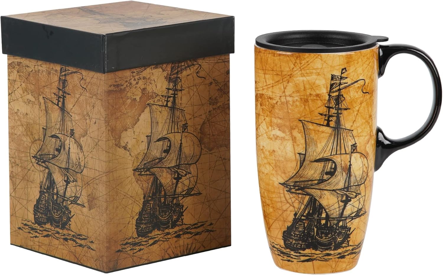 DUSVALLY Taza de cerámica taza de café de viaje taza de café de porcelana con tapa a prueba de derrames y caja de regalo, 17 onzas