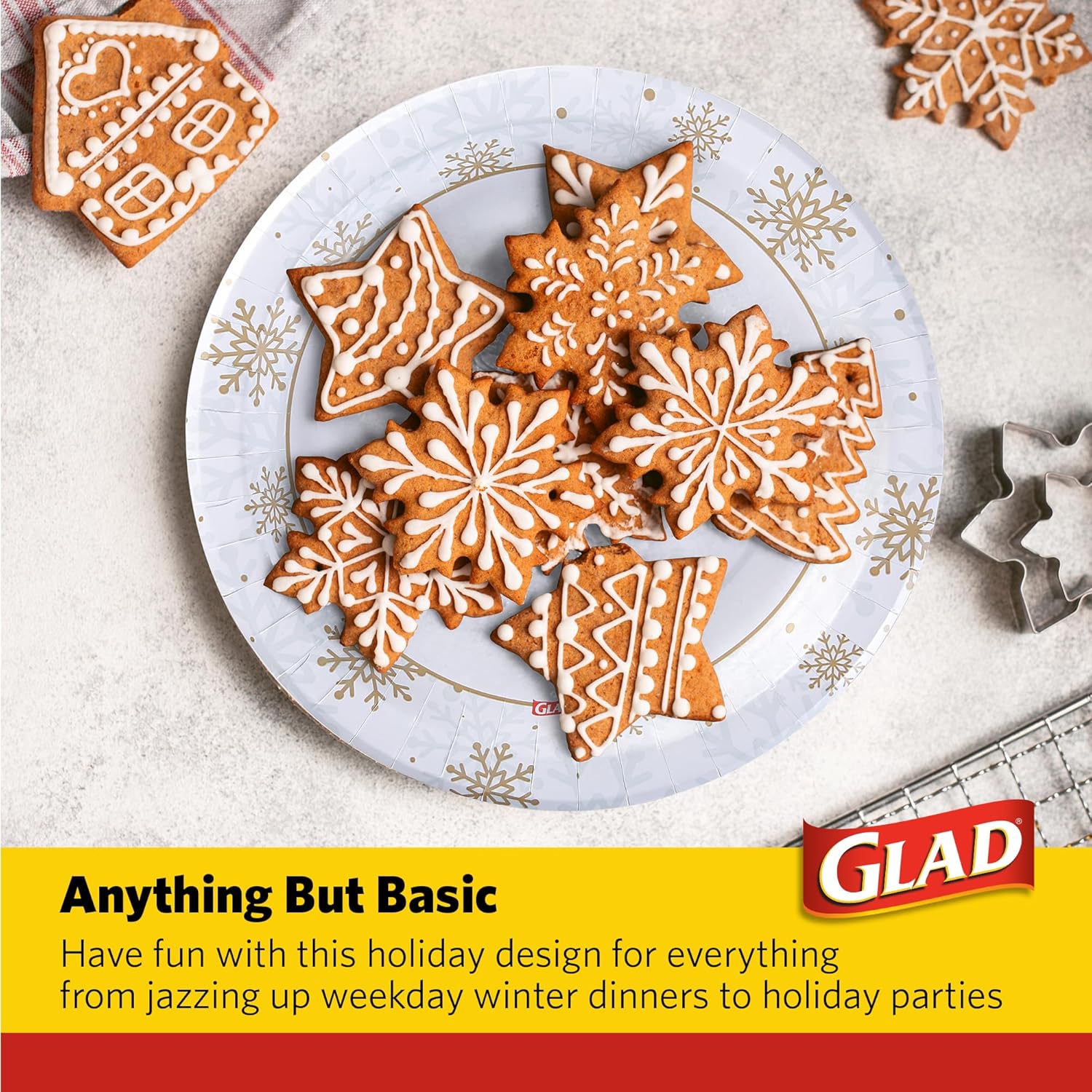 Glad Platos desechables Holiday Gold & Silver Snowflake  Resistentes, aptos para microondas para uso diario  10 pulgadas, 20 unidades