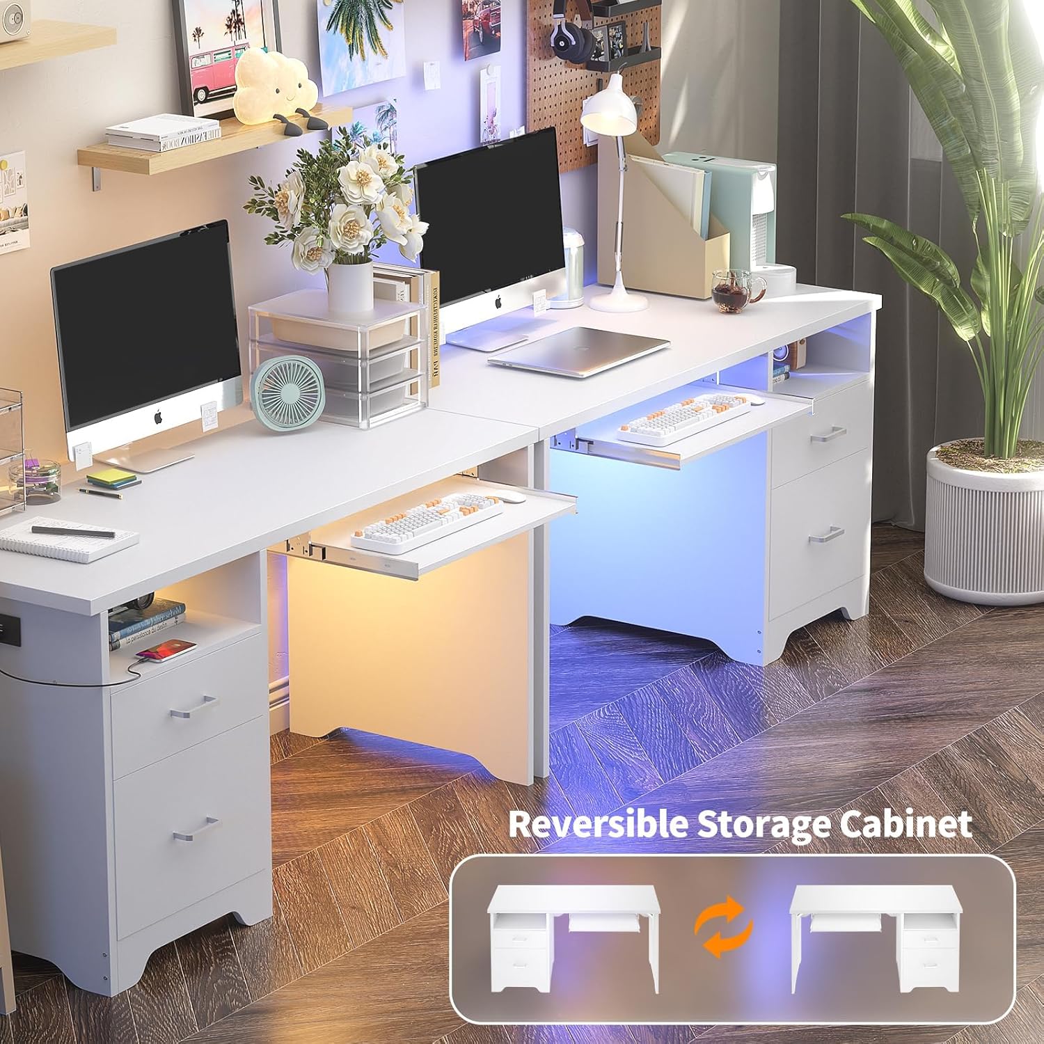 Escritorio reversible para computadora con cajones de archivos, escritorio de oficina de 55 pulgadas con luz LED RGB y toma de corriente, escritorio
