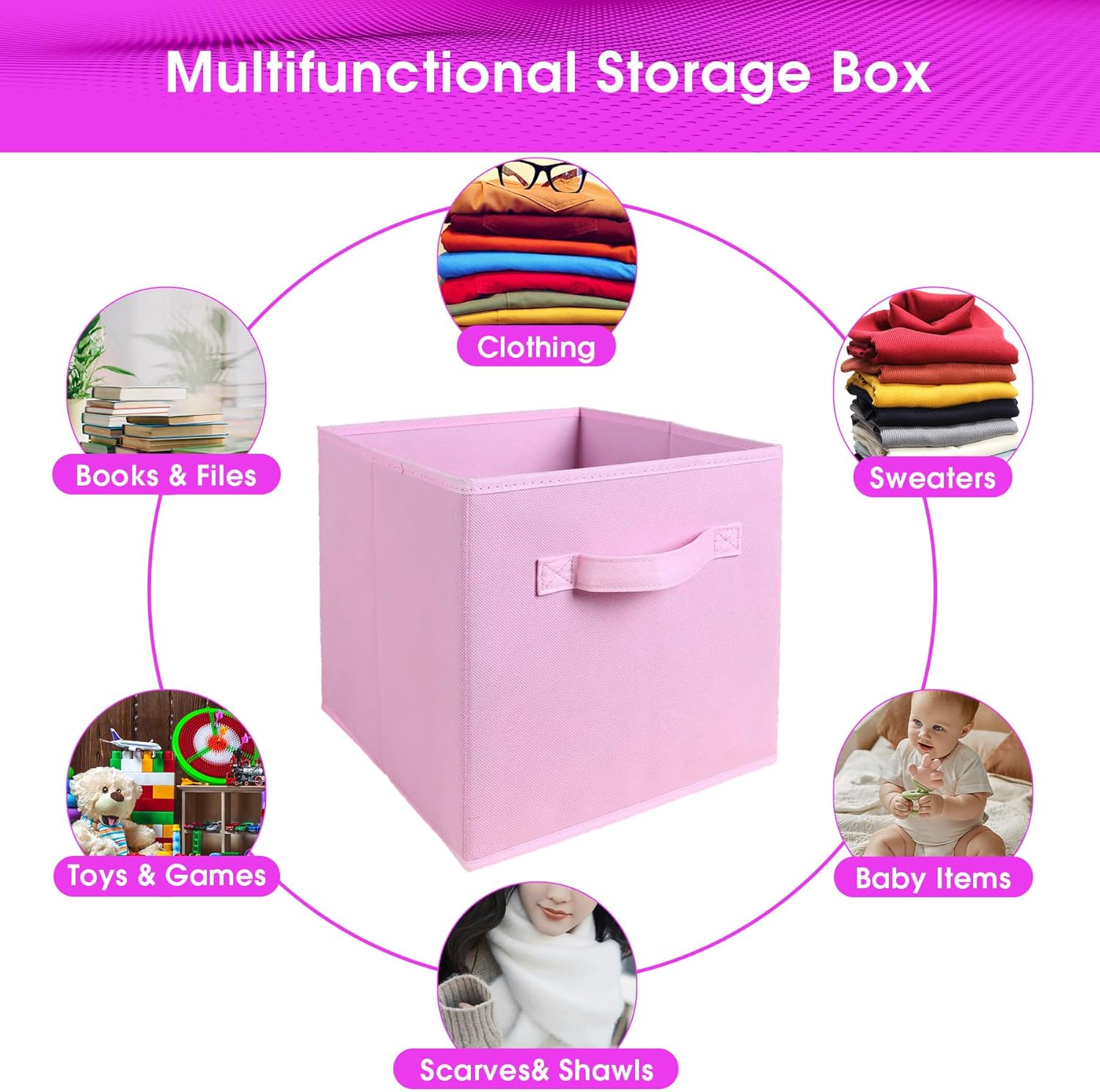 Paquete de 6 cubos de almacenamiento plegables de tela, organizadores plegables de tela con asas, (10.5 pulgadas de alto x 10.5 pulgadas de ancho x