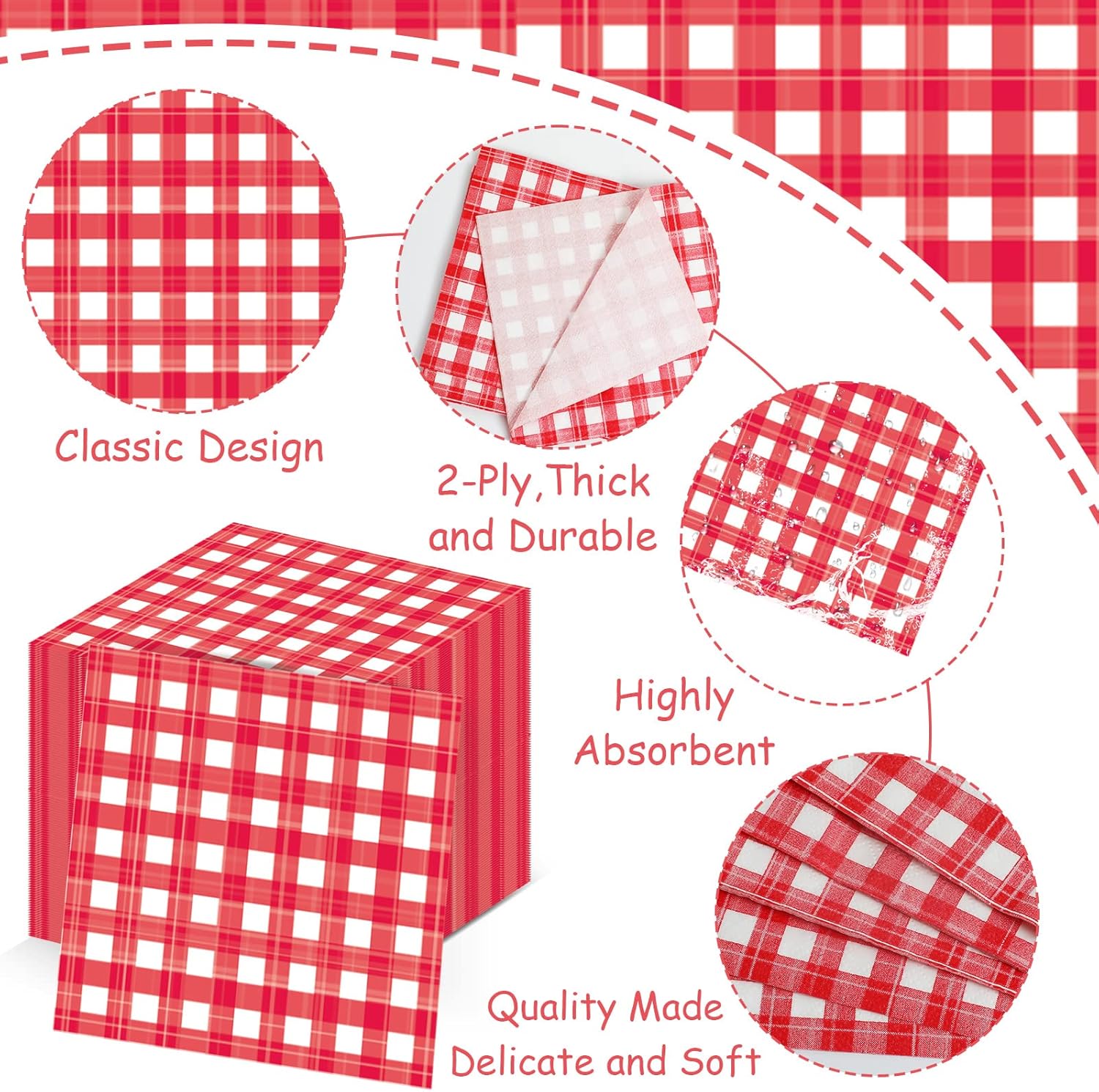 Servilleta de papel a cuadros rojos y blancos desechables de búfalo de 2 capas para cena, picnic, barbacoa, cocina, granja, Pascua, cumpleaños,