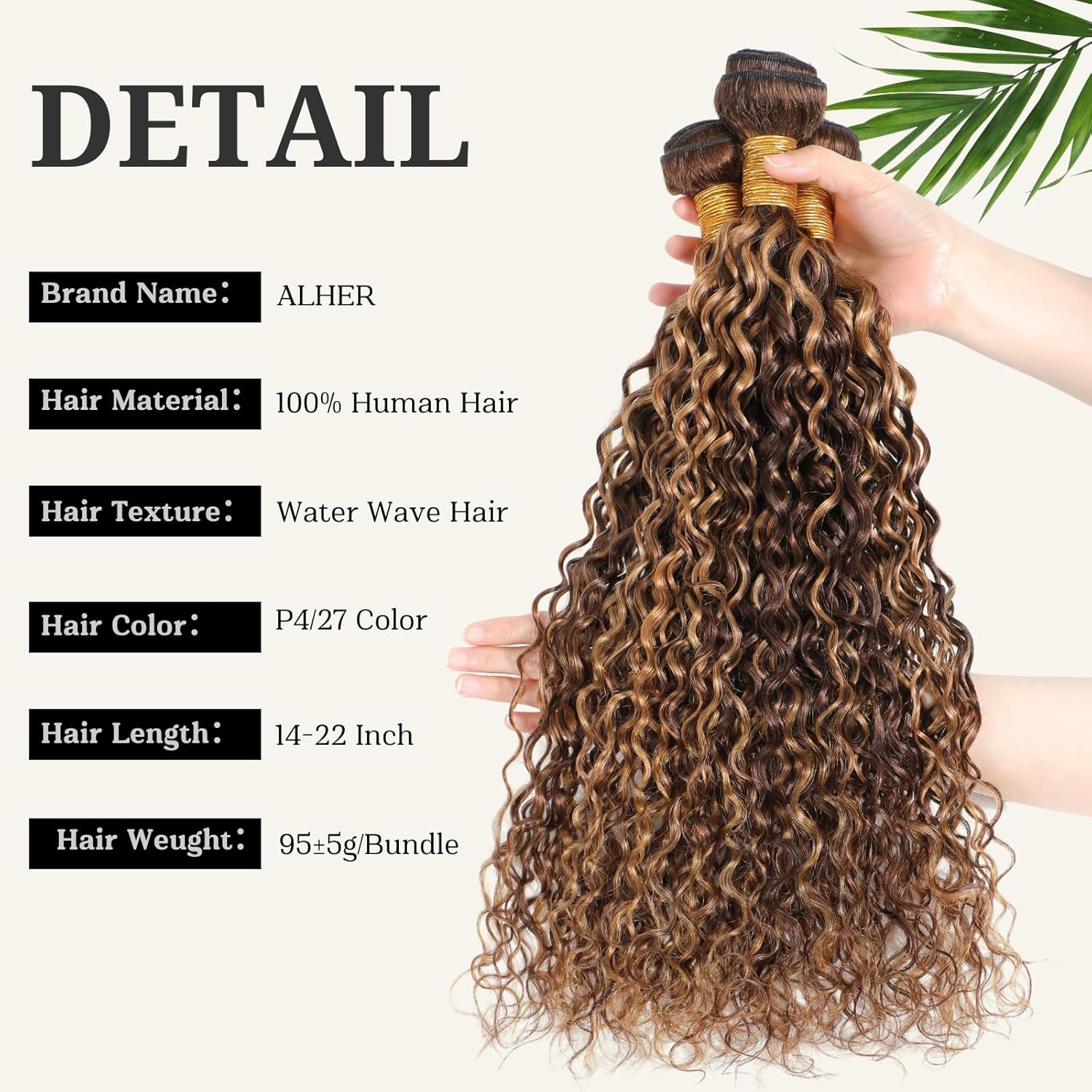 ALHER Paquetes de cabello humano ondulado rubio miel con reflejos P427, ombré, mechones individuales húmedos y ondulados, color marrón, 10A, 100%