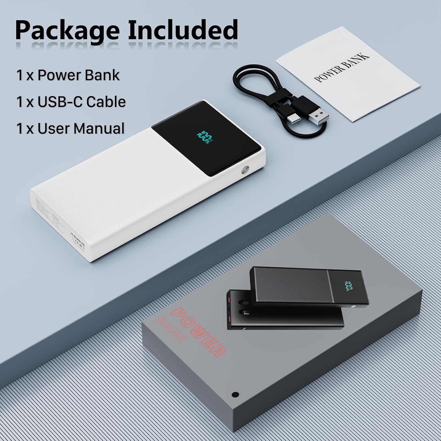 Cargador portátil con 2 cables integrados (USB-C e iOS), cargador de teléfono duradero de carga rápida PD de 13000 mAh con pantalla LED, cargador de