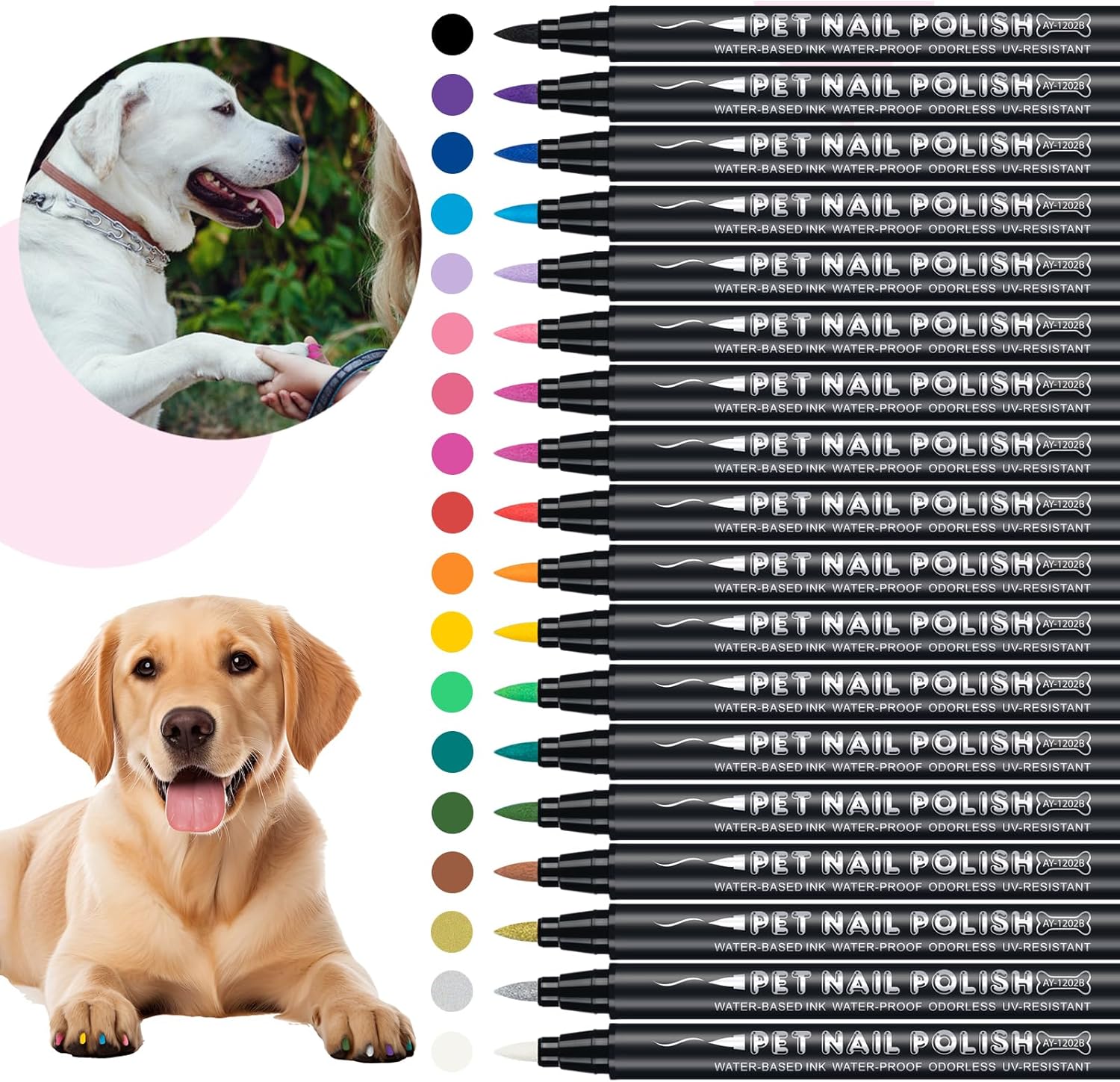 Esmalte de uñas para perro, 18 colores, de secado rápido, no tóxico, inodoro, fácil de aplicar con puntas de pincel, larga duración, uñas para