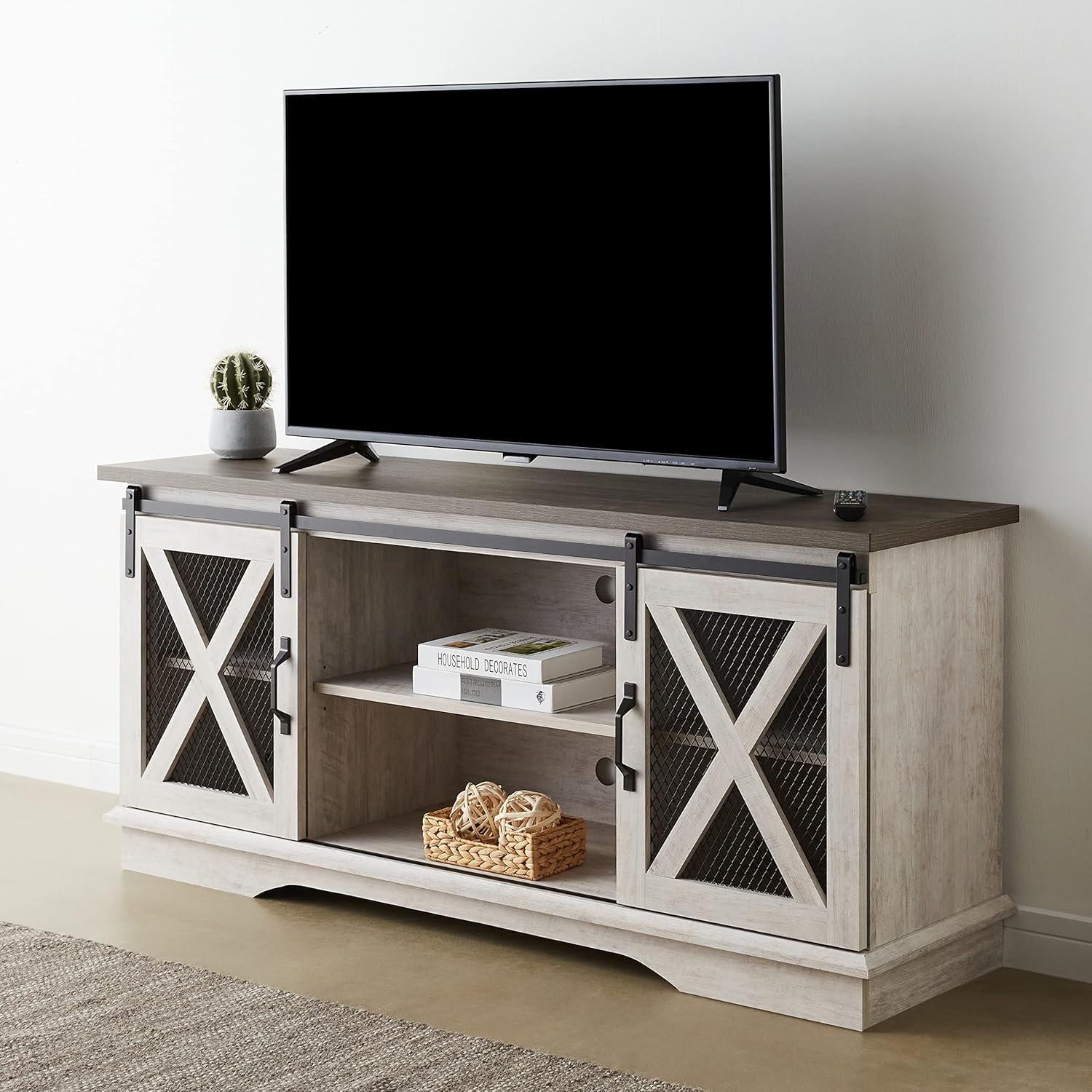 ROCKPOINT Moderno soporte de puerta corrediza de malla para televisores de hasta 65 pulgadas, 58 pulgadas, color marrón rústico