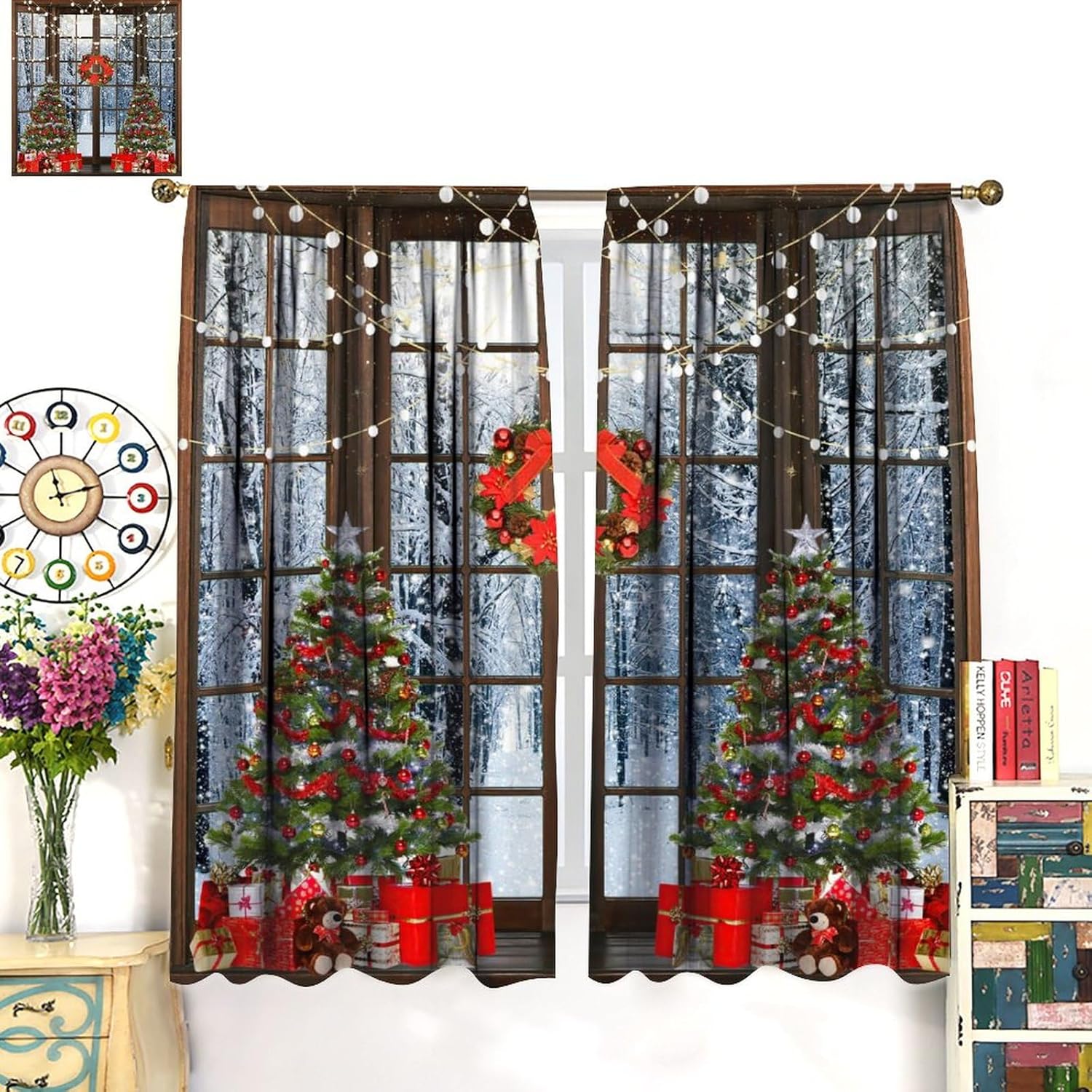 Cortinas de Navidad, regalo de árbol de Navidad de invierno, oso marrón, con purpurina, ventana, estampado de escenas de nieve, decoración del