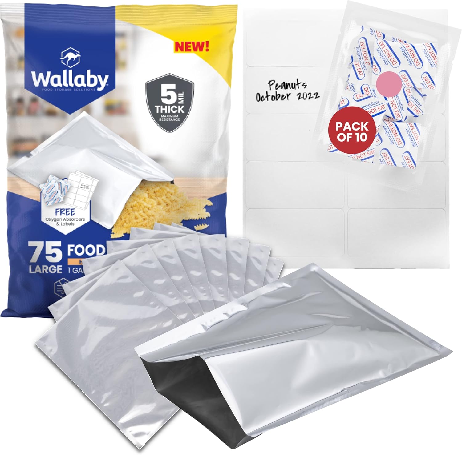 Wallaby – Paquete de 75 bolsas Mylar de 1 galón (5 mil, 10 x 14 pulgadas), 80 absorbentes de oxígeno de 400 cc, 80 etiquetas, sellables con calor,