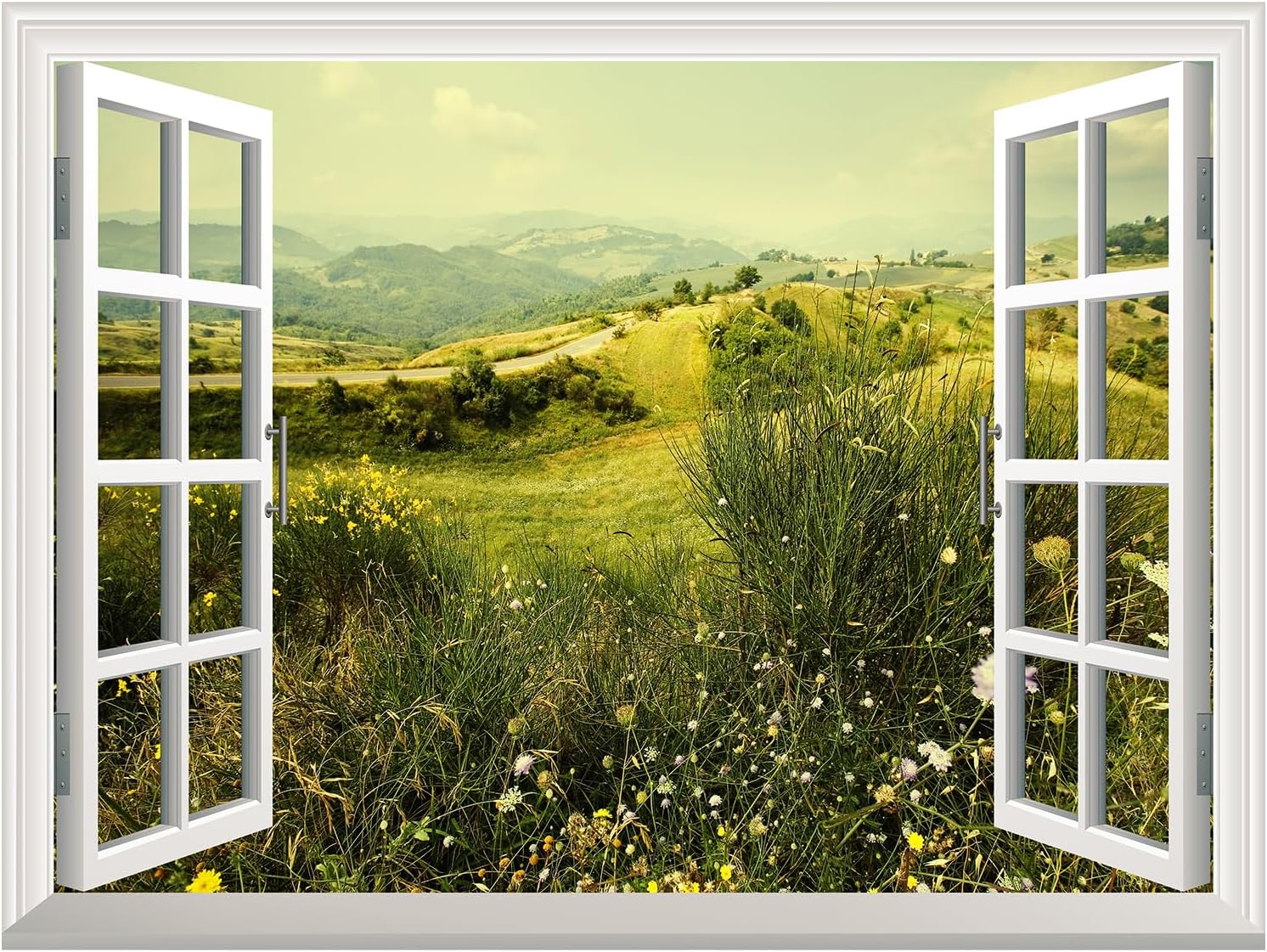 Adhesivo de pared extraíblemural de pared, hermoso campo de primavera con flores silvestres  Decoración creativa de pared con vista de ventana – 24