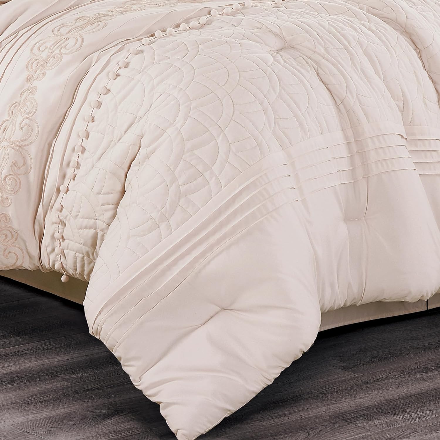 Chezmoi Collection Grace – Juego de edredón de 7 piezas de felpilla bordada con pompones, plisados, color rosa rubor, tamaño Queen