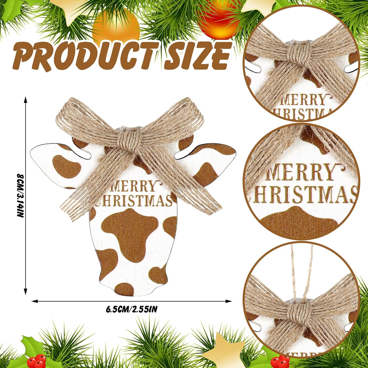 24 adornos de Navidad de vaca, decoración colgante de árbol de Navidad, cabeza de vaca, letrero de madera para puerta delantera, vaca rústica,