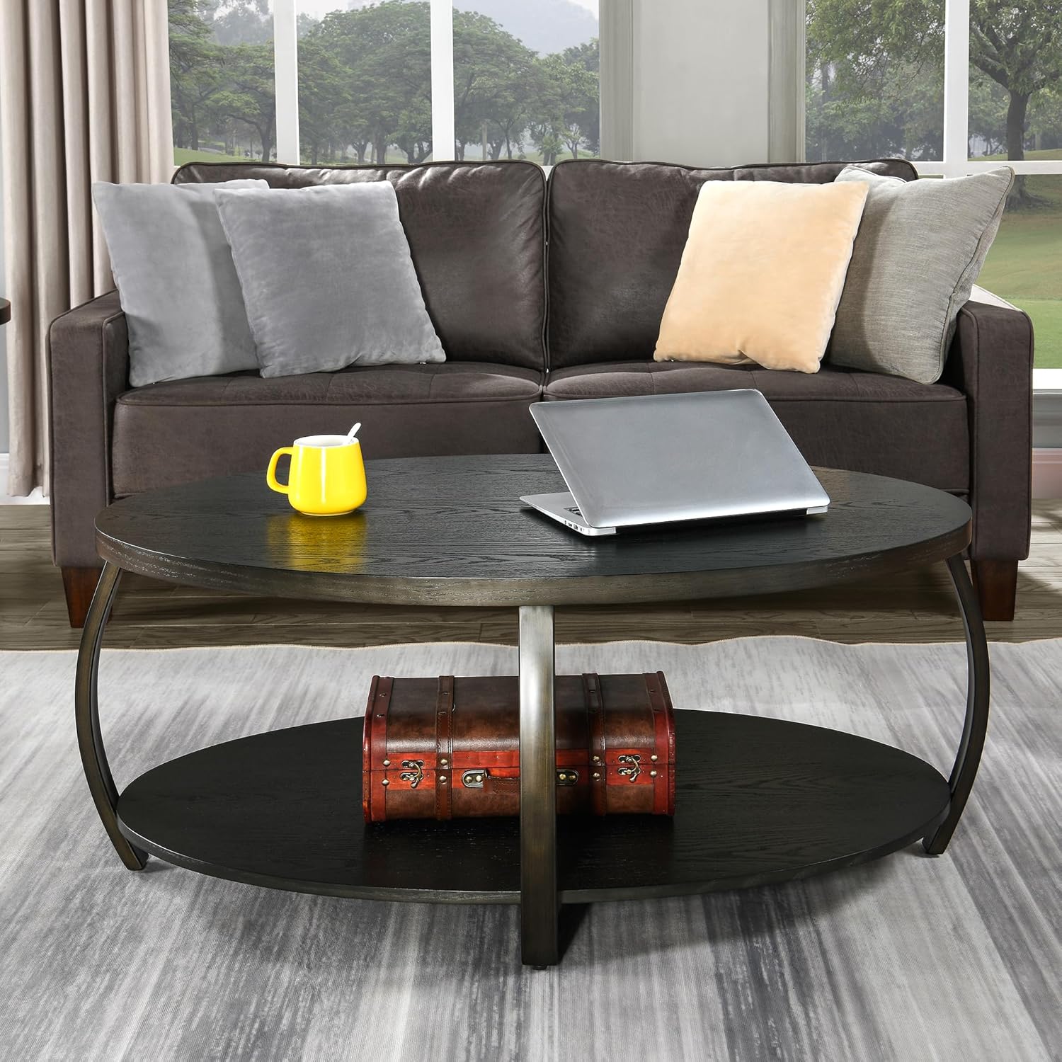 MODERION KFZ2439DK – Mesa auxiliar ovalada con estante de almacenamiento, mesa de té de centro industrial con patas de metal, mesa de sofá lateral