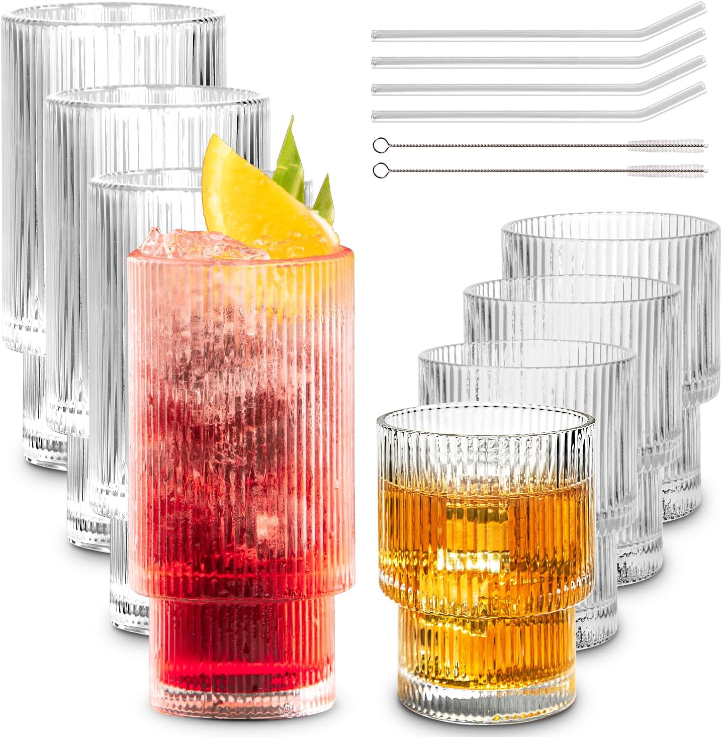 Combler Juego de 8 vasos de agua para beber, 4 vasos de vidrio de 11 onzas con pajitas y 4 vasos de cóctel de 6 onzas, lindos vasos pequeños, juegos