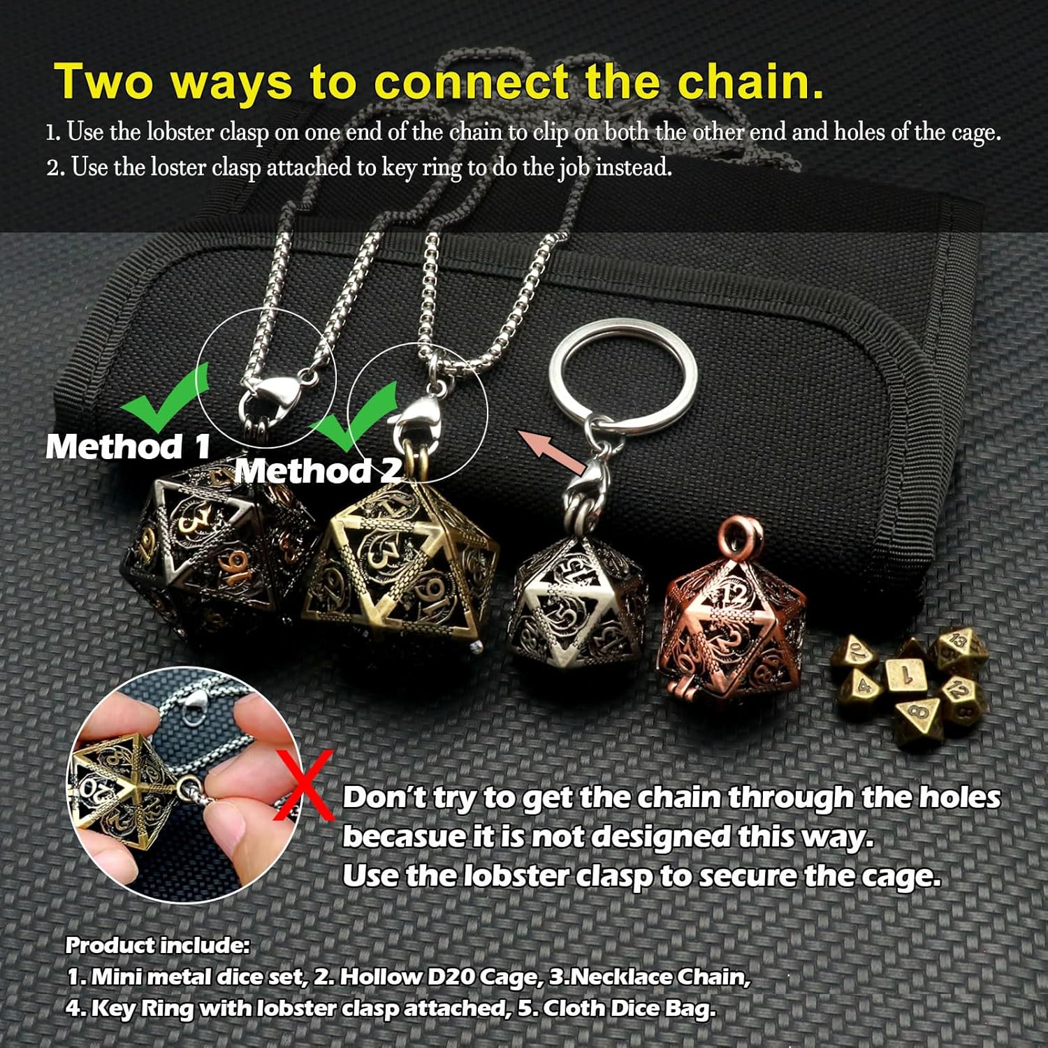 Haxtec Juego de dados pequeños de metal DND con cobre hueco D20, collar D20, juego de dados pequeños antiguos, llavero D&D, portátil, 7 piezas