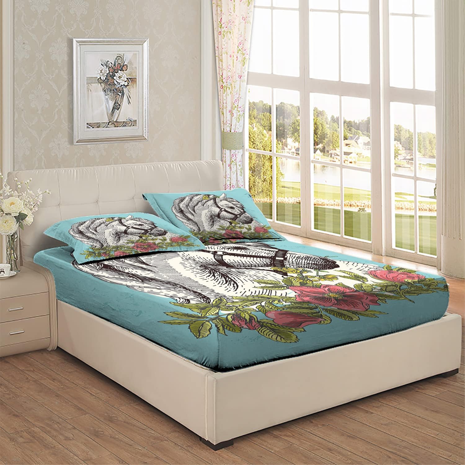 Juego de sábanas bajeras tamaño matrimonial, diseño de caballo bohemio, juego de ropa de cama de 3 piezas con estampado decorativo, sábana bajera de