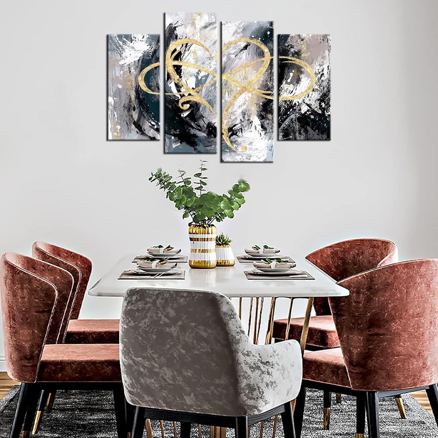 iHAPPYWALL Lienzo de 4 paneles con diseño de corazón infinito, arte abstracto de amor eterno, geométrico, gris y dorado, para dormitorio, sala de