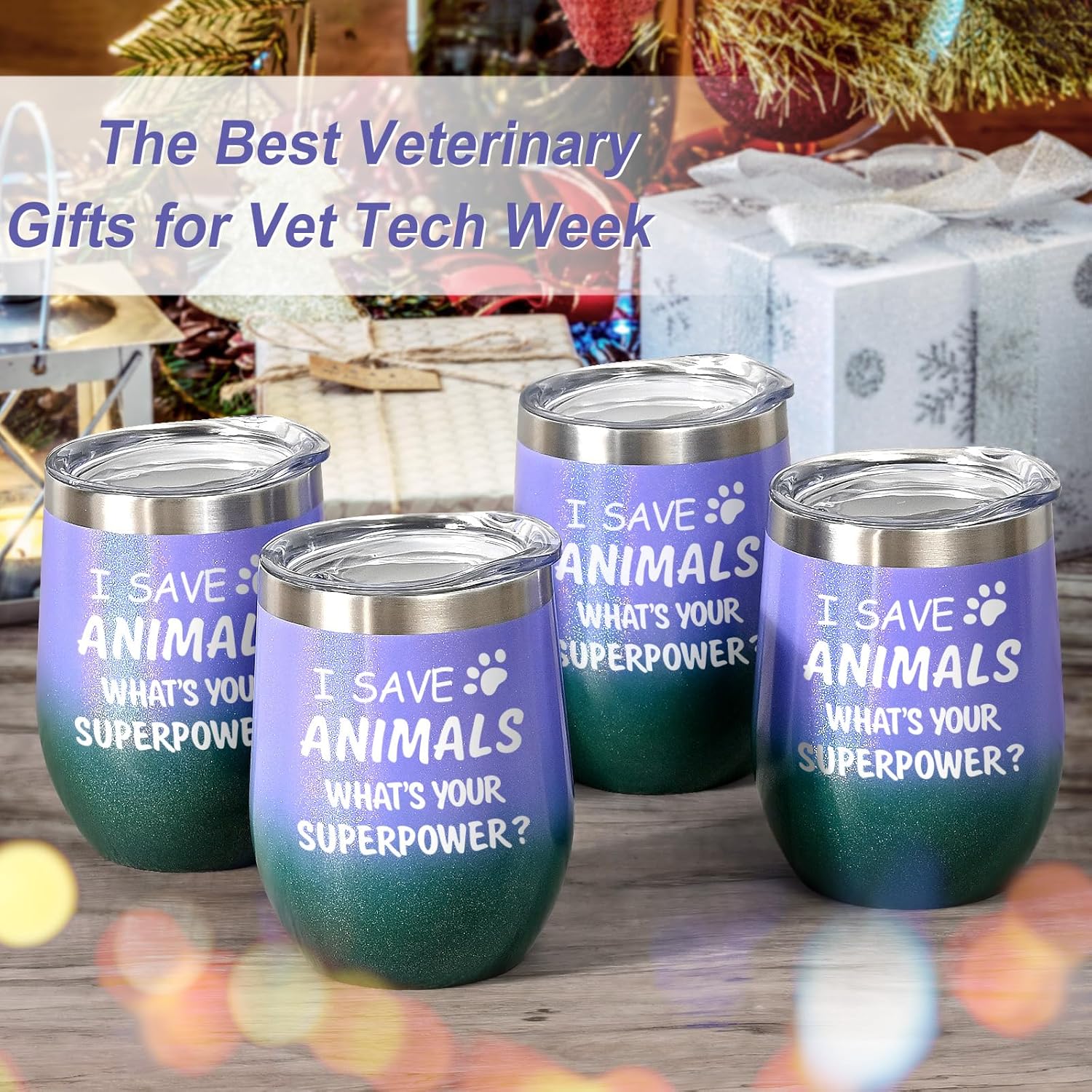 Paquete de 4 vasos de vino con tapa, diseño de texto en inglés “I Save Animals, Whats Your Superpower”, de acero inoxidable, ideas de cumpleaños y