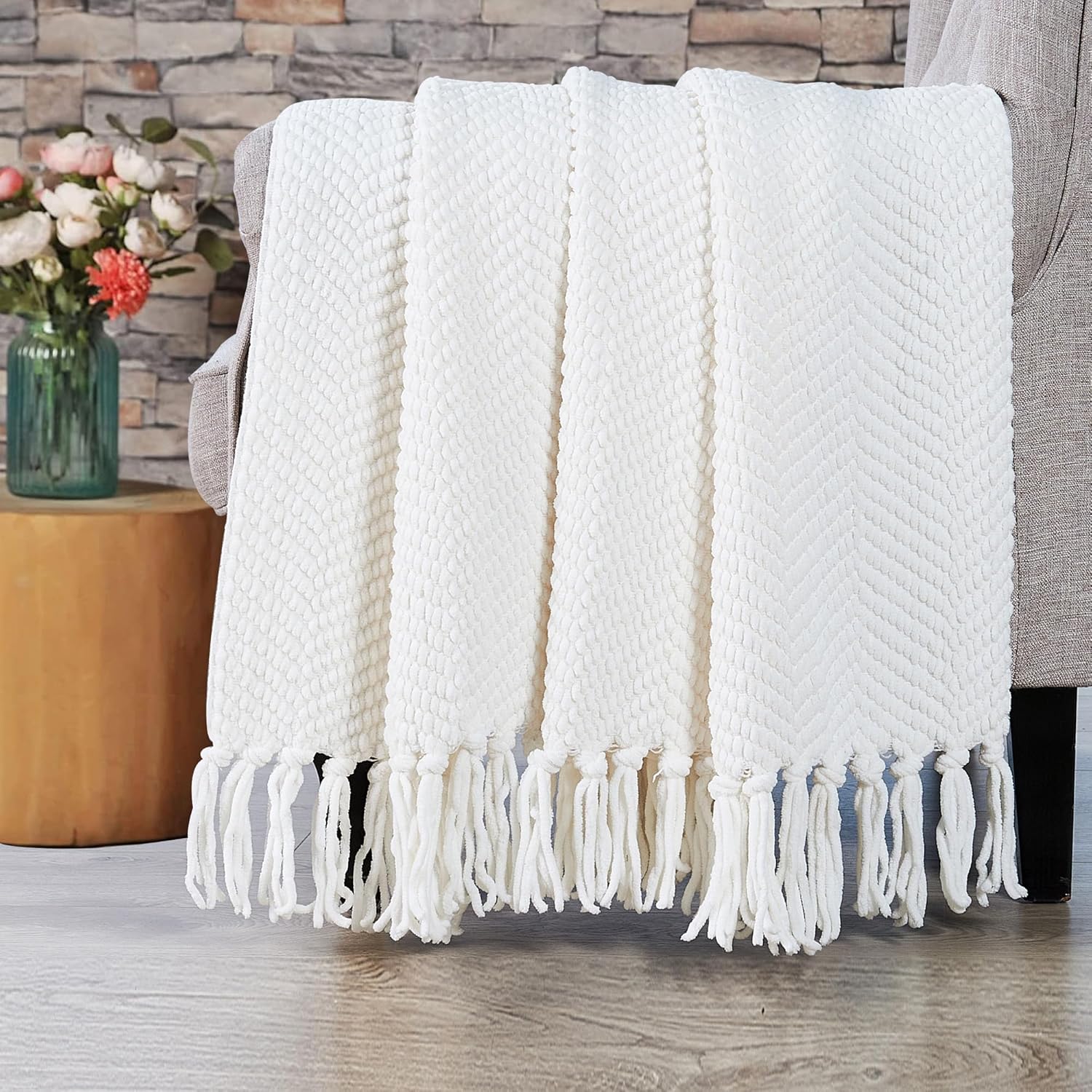 Manta de punto suave con textura para sofá, manta de tweed crema con borlas de flecos para decoración del hogar, cama, sofá, silla, 50 x 60