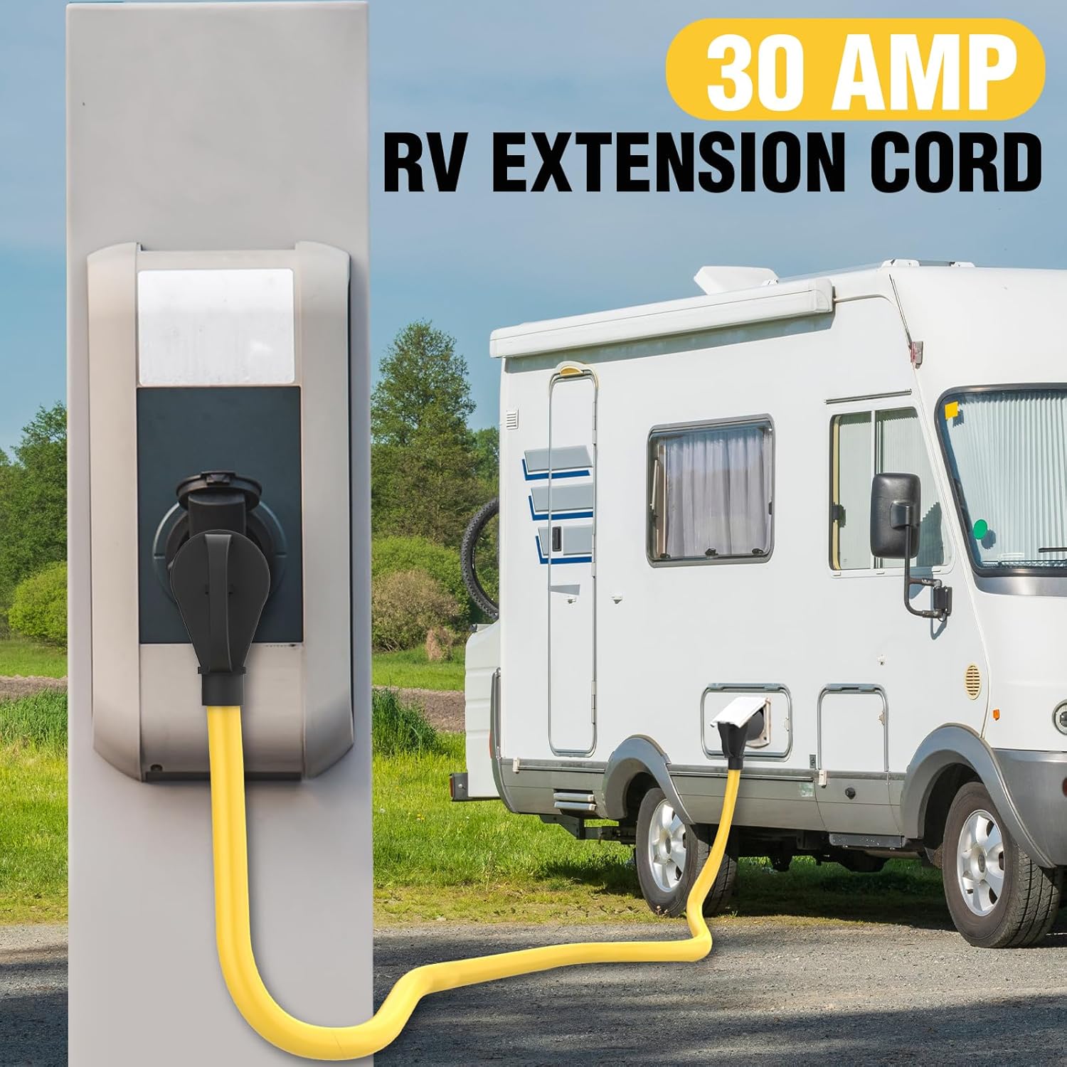 Cable de extensión de RV de 50 pies y 30 amperios NEMA TT-30P a TT-30R con mango de agarre, 3 clavijas de 125 voltios 103 STW 10 AWG calibre 3