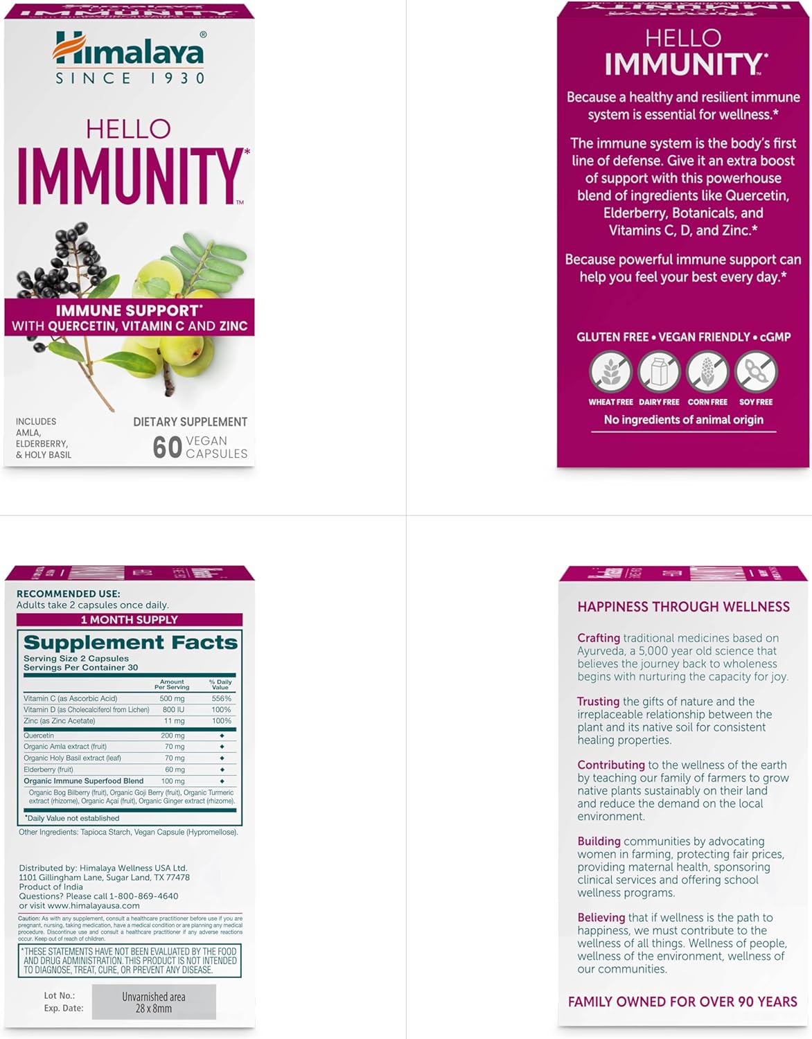 Himalaya Hola inmunidad con quercetina, vitamina C, vitamina D, zinc, amla, saúco y albahaca sagrada para apoyo inmunológico diario, vegano, sin