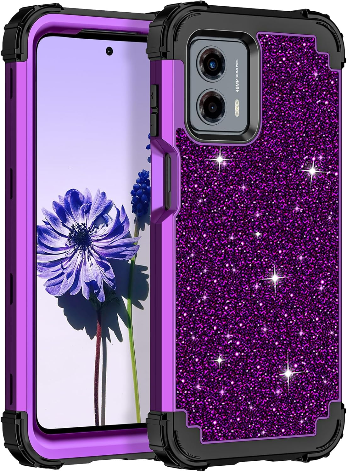 LONTECT Funda para Moto G 5G 2023 con purpurina brillante 3 en 1, a prueba de golpes, resistente, híbrida, resistente, funda protectora resistente