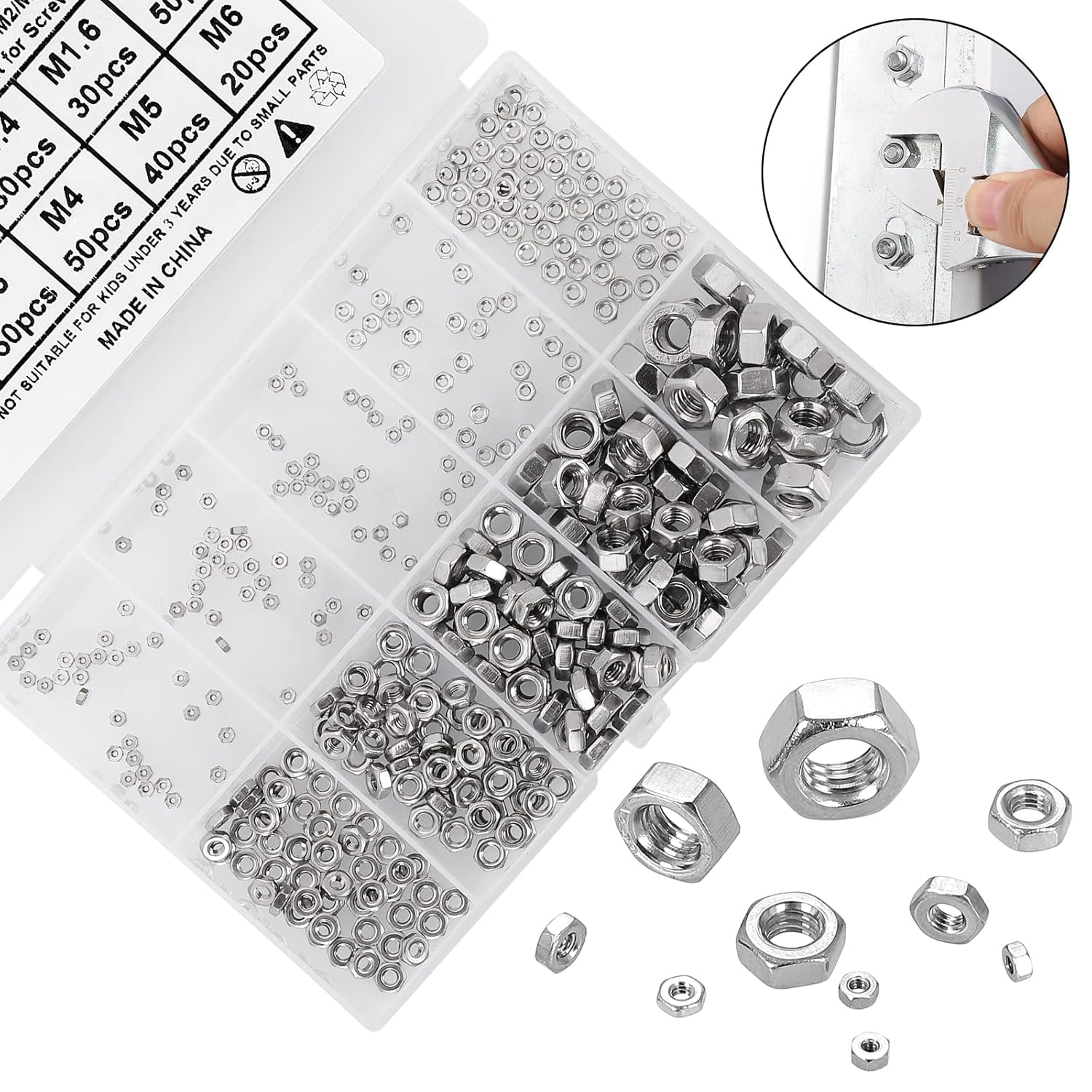 Kit surtido de 380 tuercas hexagonales métricas pequeñas para tornillo de micro, acero inoxidable 304, tuercas hexagonales M1 M1.2 M1.4 M1.6 M2 M2.5