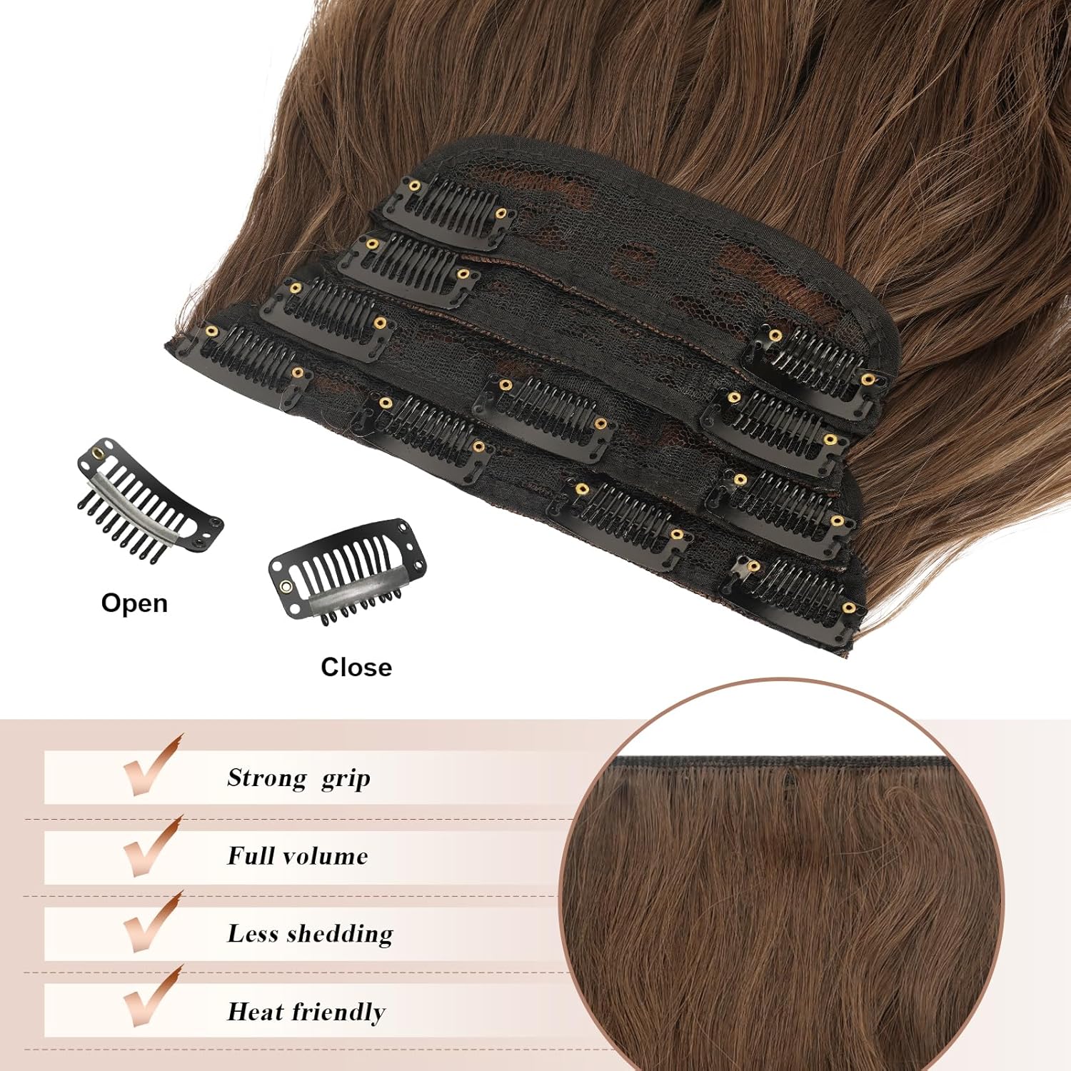 FESHFEN 4 extensiones de cabello con clip, extensiones de cabello sintético largo ondulado con clip, extensiones de cabello sintético de cabeza