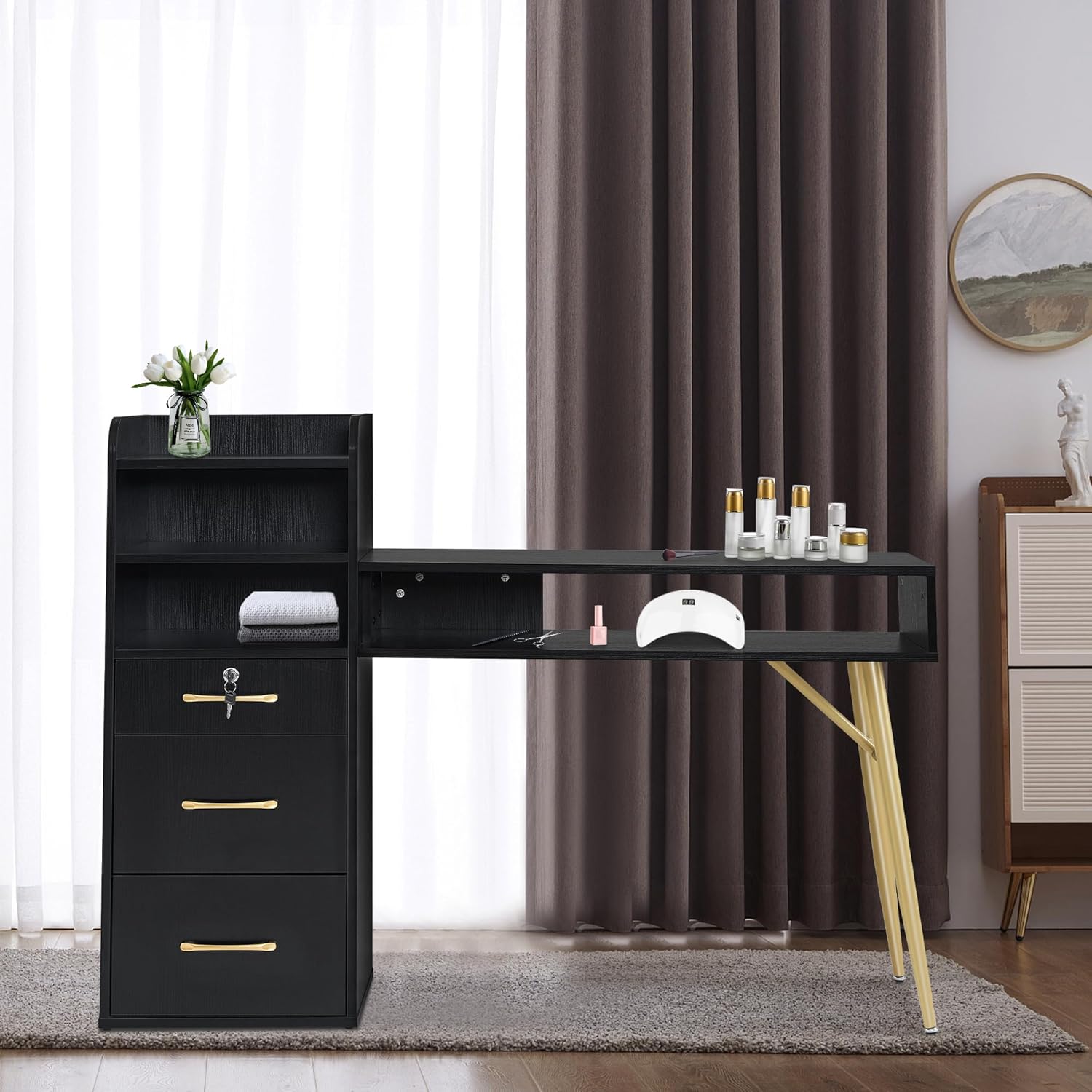 BarberPub Mesa de manicura con 3 cajones y 4 estantes, escritorio de uñas con asas y patas doradas, mesa de uñas para tecnología de uñas, equipo de