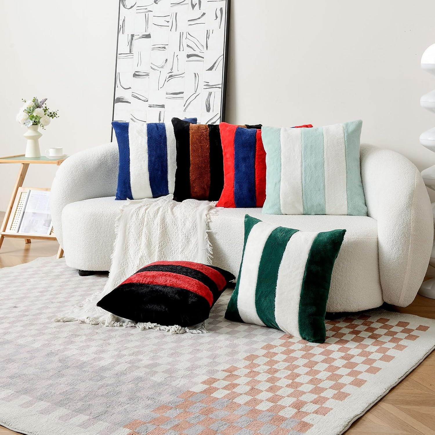 HAUSSY Juego de 2 fundas de almohada de 16 x 16 pulgadas, color naranja y blanco con piel sintética de conejoparte trasera de terciopelo, fundas de