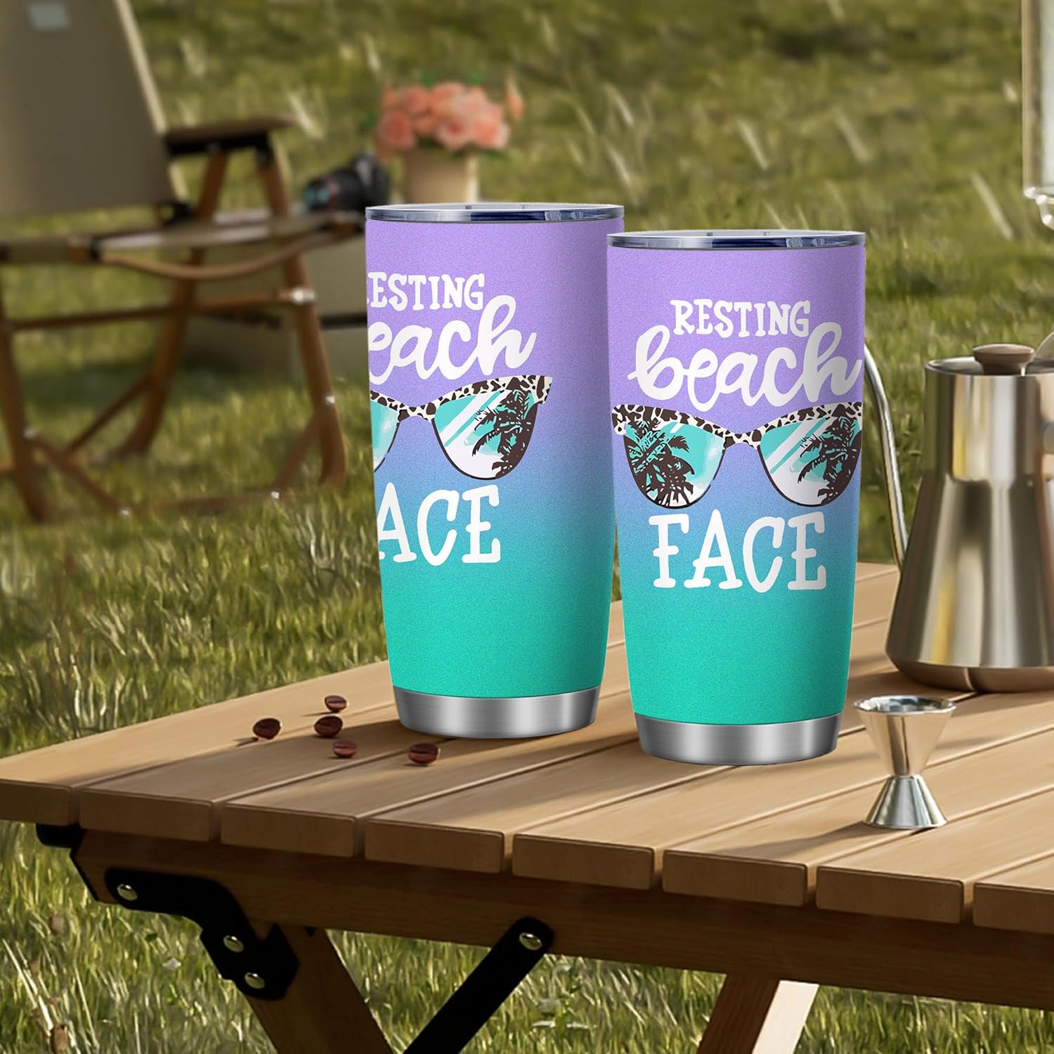 Vasos aislados de 20 onzas con tapa y pajilla, cara de playa en reposo, doble pared, acero inoxidable, vaso de vino al vacío, para café, vino, taza
