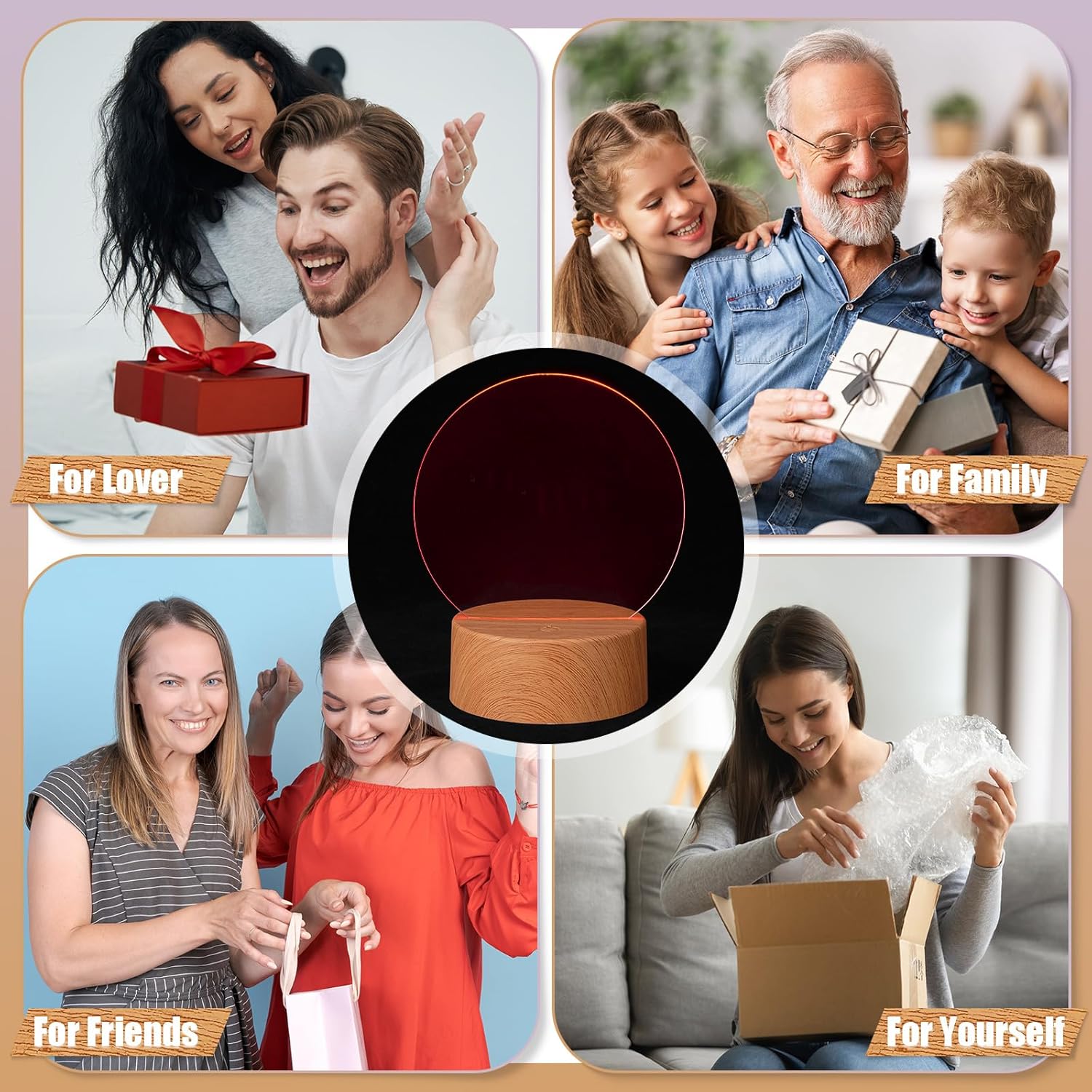 12 bases de lámpara de noche LED 3D, 12 hojas de acrílico transparente en blanco, 16 colores, 4 modos con control remoto, cable USB, color madera,
