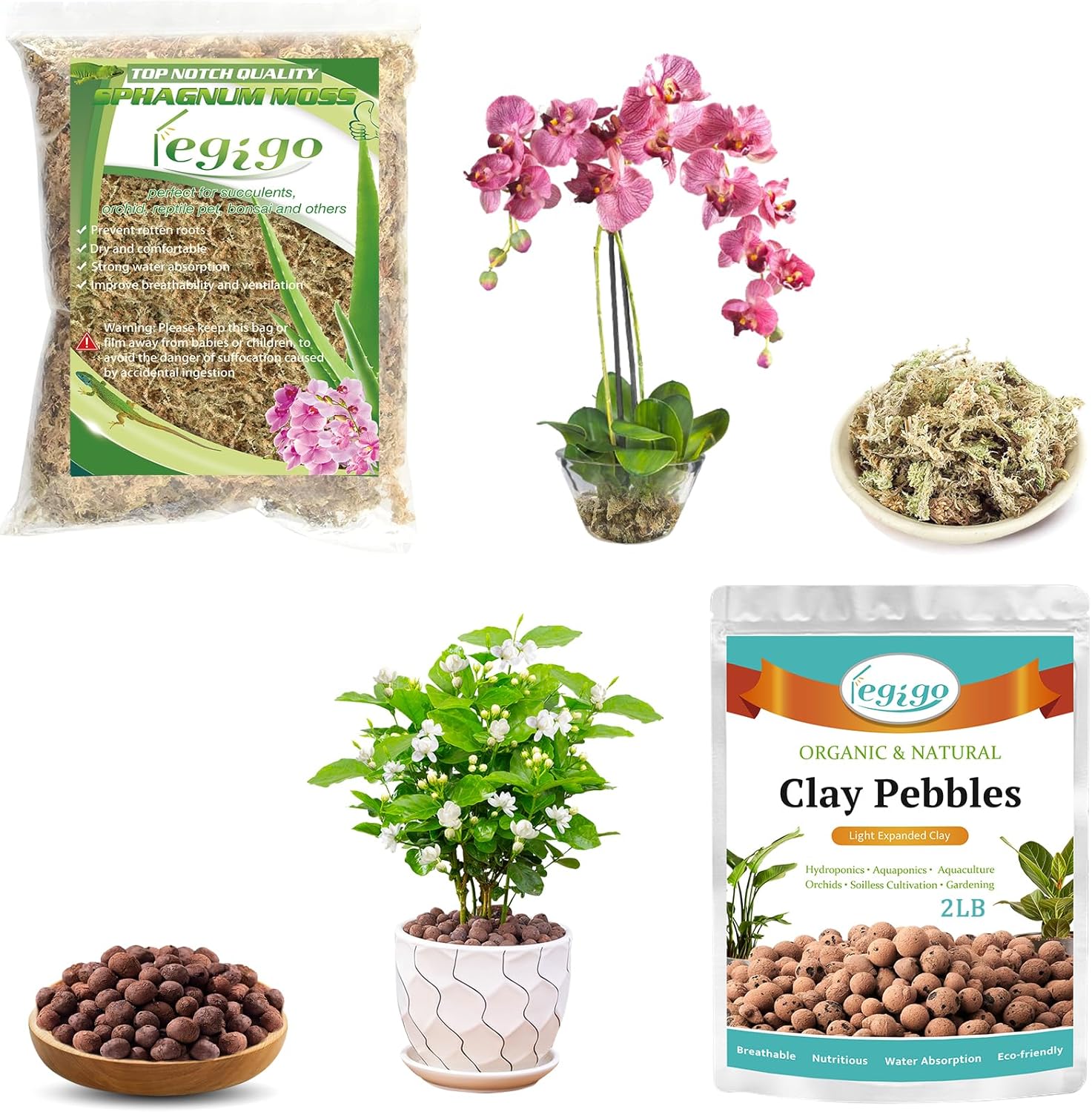 Legigo 2 cuartos de galón de musgo esfagnum natural y 2 libras de guijarros de arcilla expandida orgánica para plantas, plantas carnívoras secas al