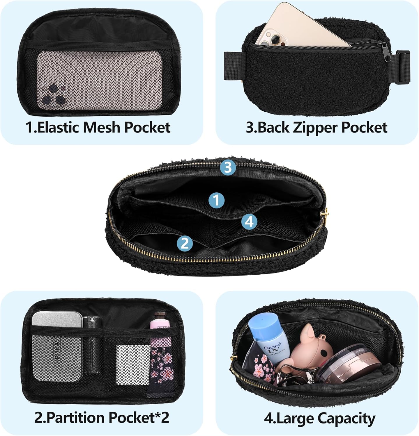 Riñonera para correr para mujeres y hombres, bolsa cruzada con correa ajustable para deportes, Negro(Fleece Black), Riñonera de forro polar