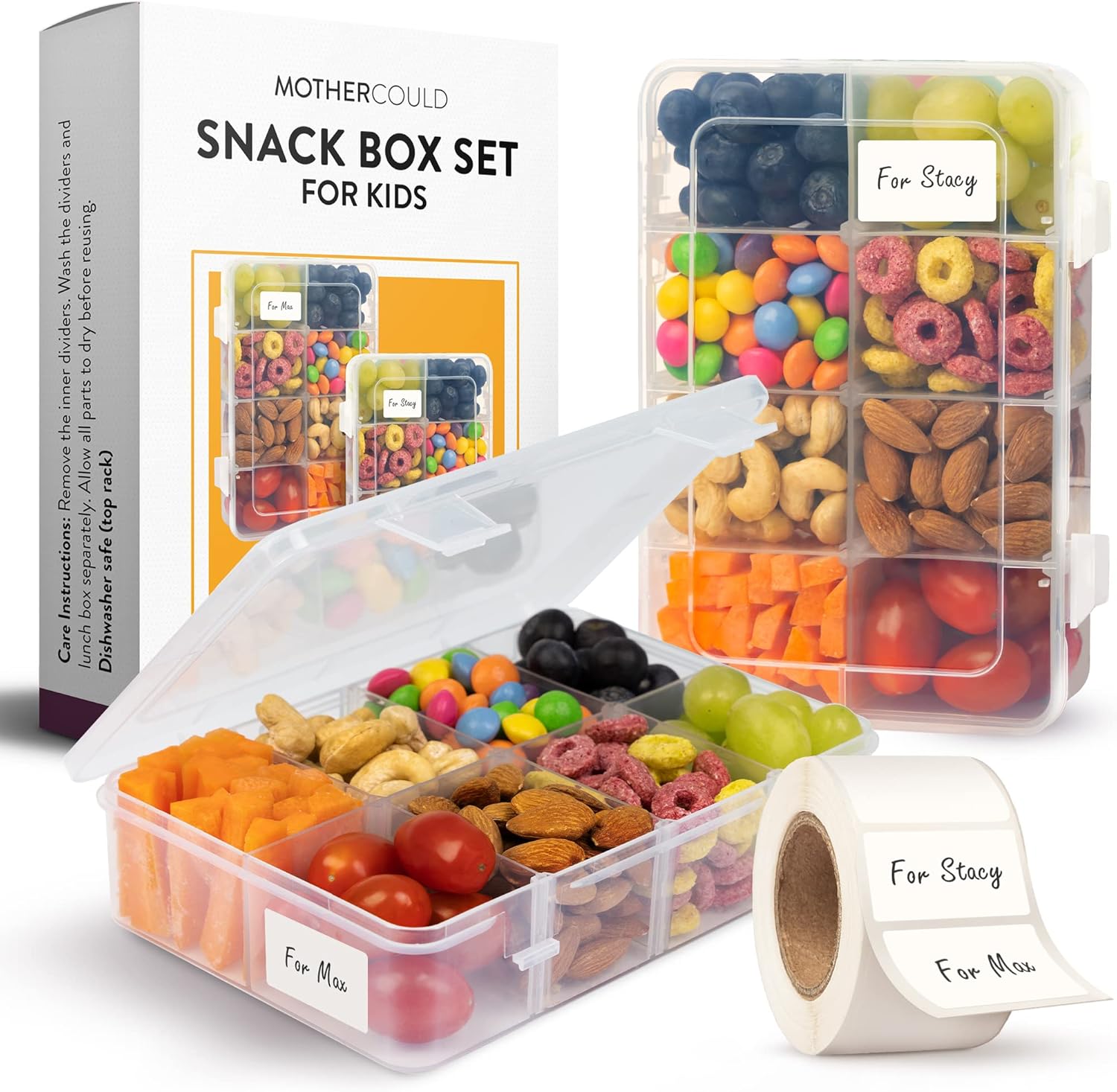 Juego de cajas de aperitivos para niños, 8 compartimentos, solución reutilizable para aperitivos con 100 etiquetas solubles, fácil de limpiar, apto
